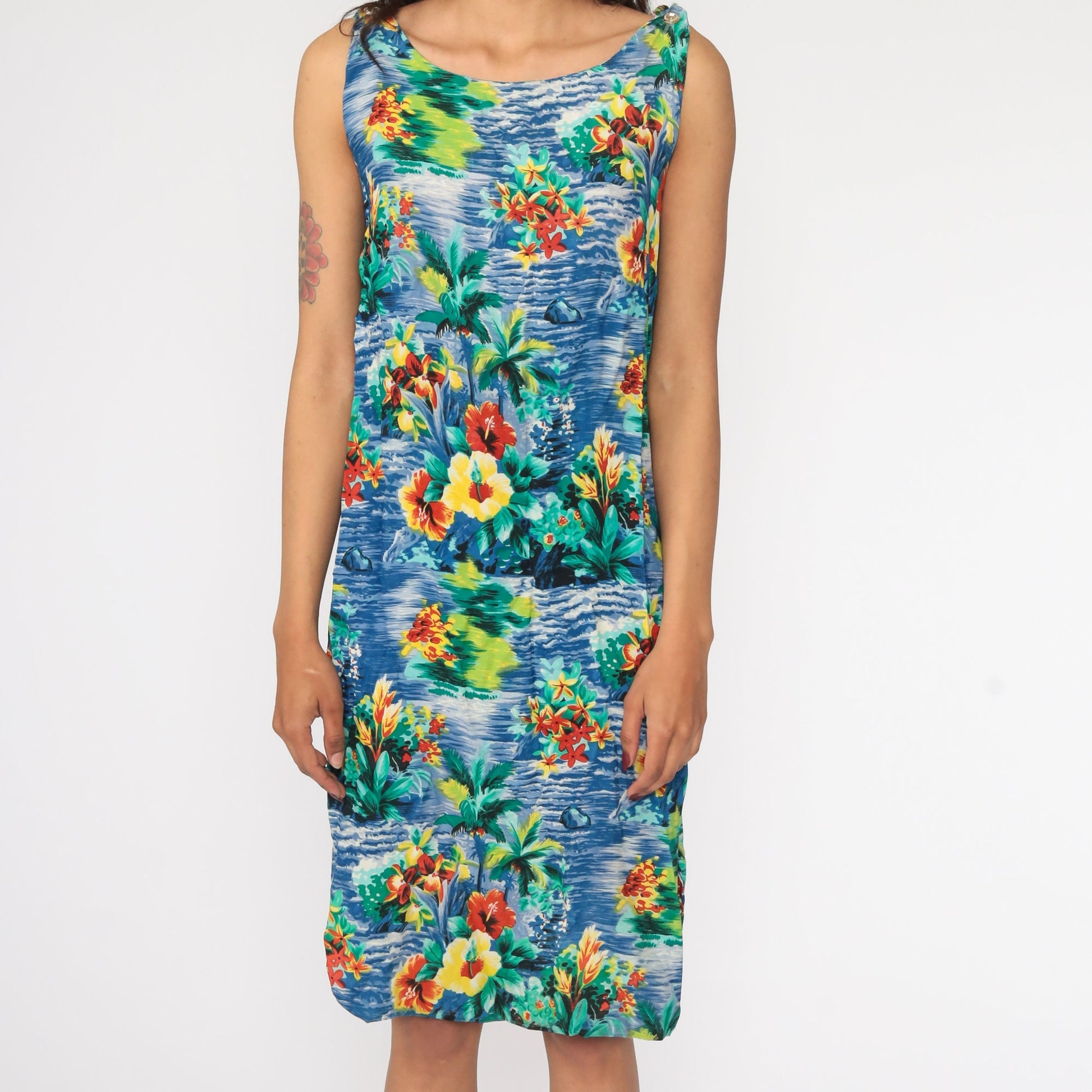 90s Blue Hawaiian Floral Mini Dress Sleeveless Shift Tank Small