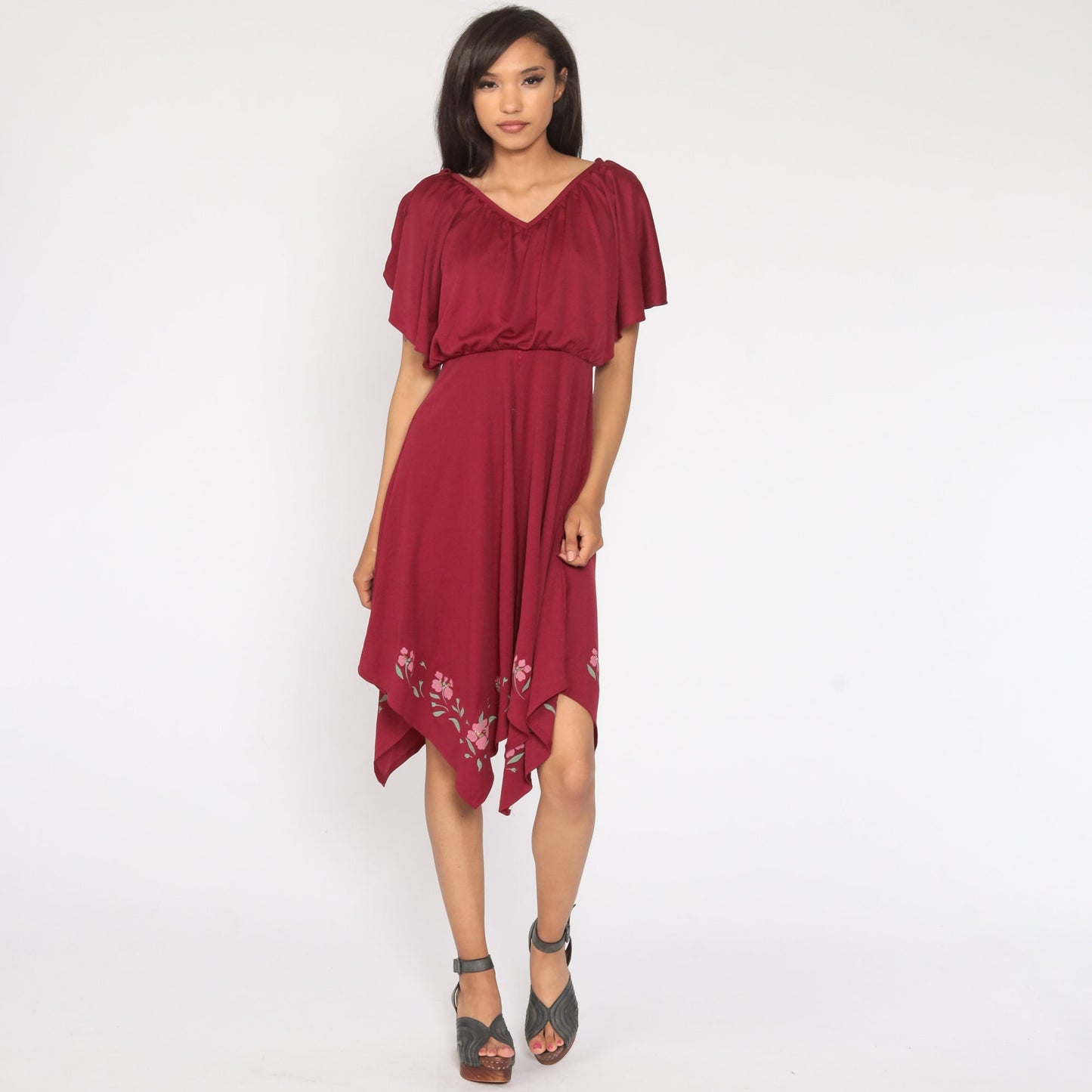 70s Grecian Midi Dress Burgundy Floral High-Low Scarf Hem Small Medium