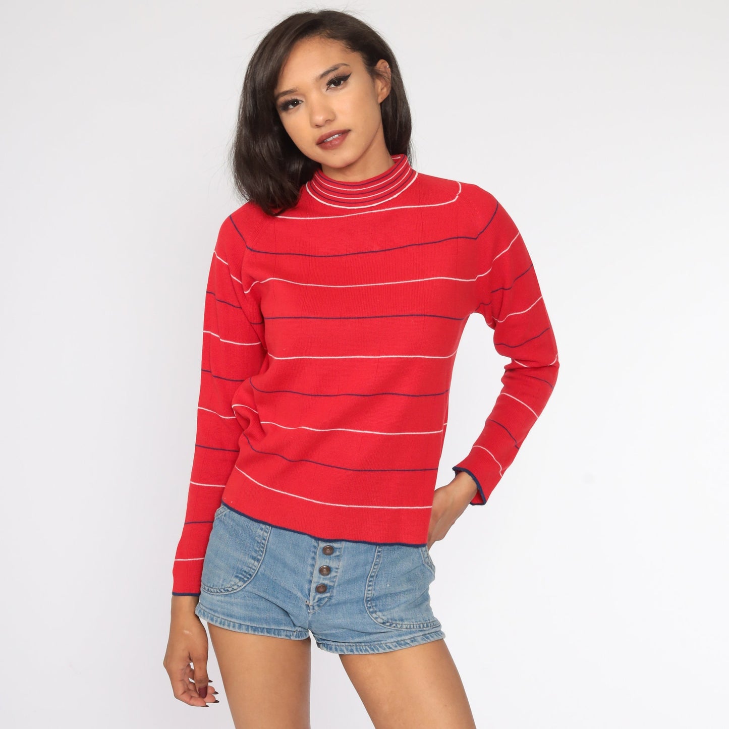 70s Red & White Striped Mock Neck Knit Pullover Small Medium