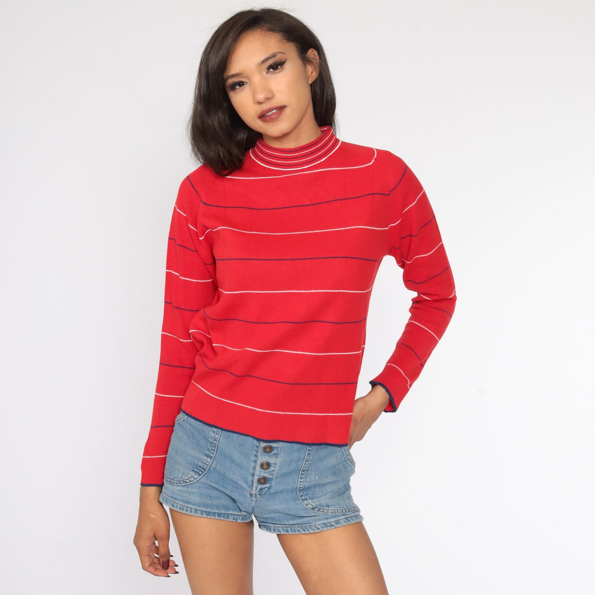70s Red & White Striped Mock Neck Knit Pullover Small Medium