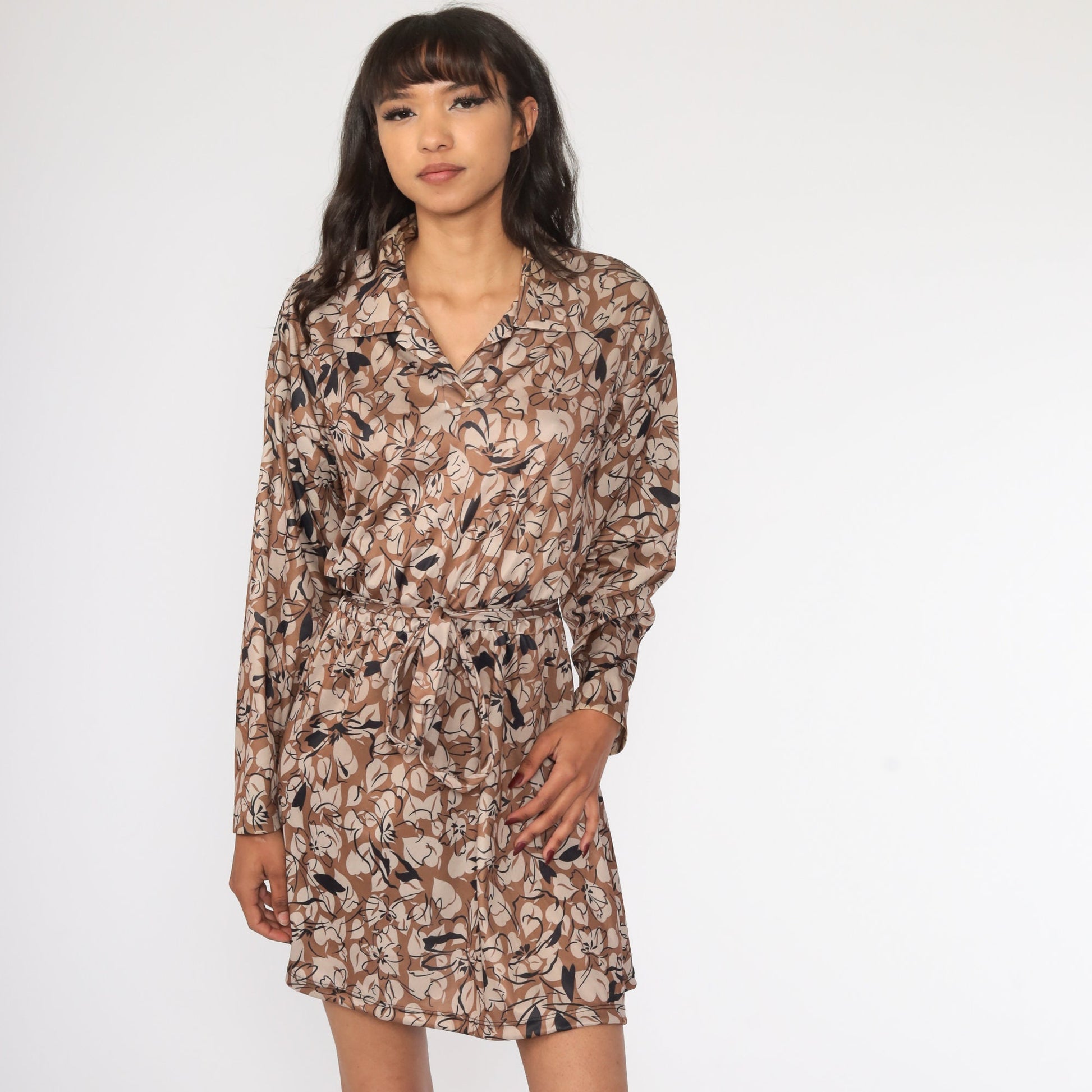 70s Floral Mini Dress Brown High Waist Long Sleeve Collared Large L