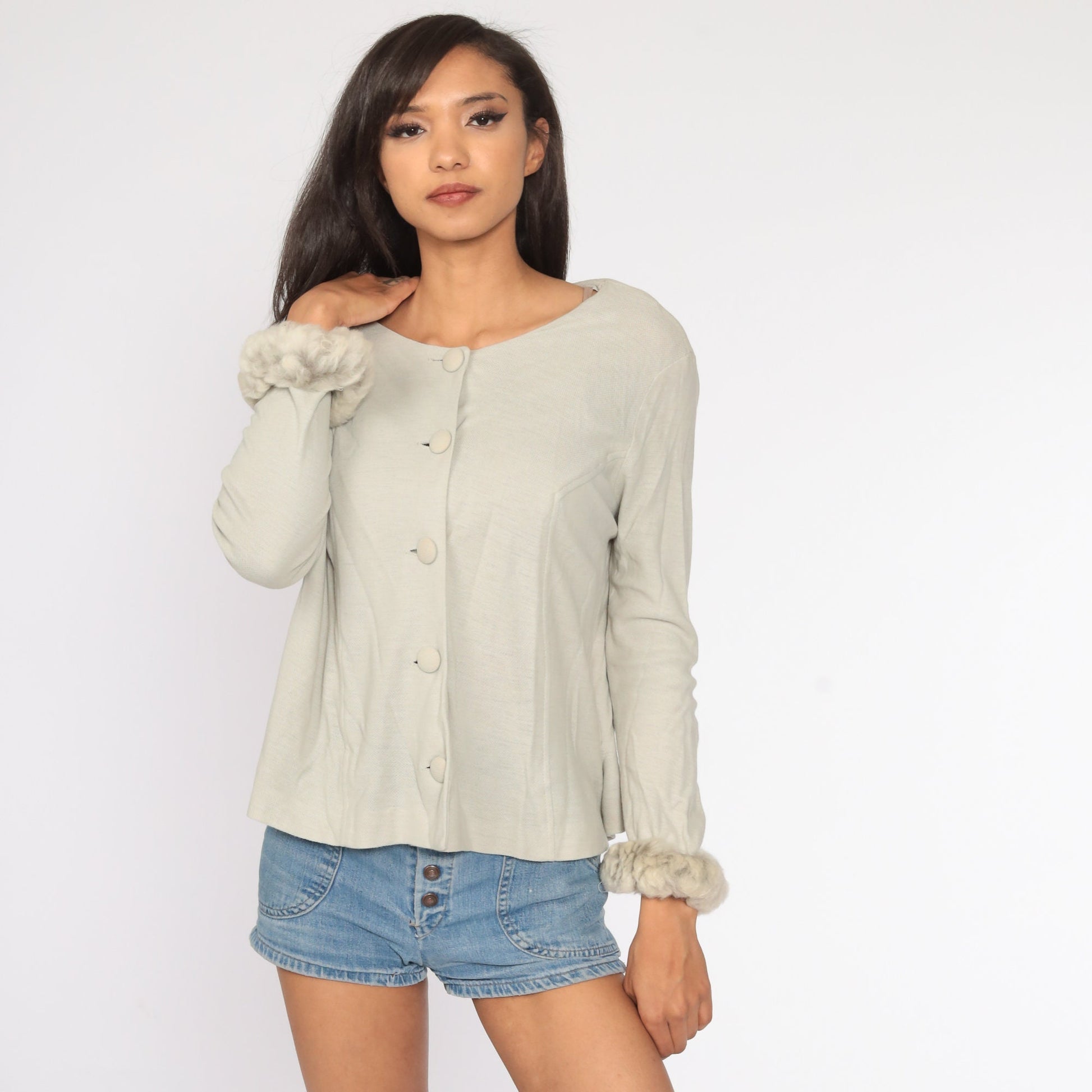 80s Grey Button-Up Blouse with Faux Fur Trim Long Sleeve Large L