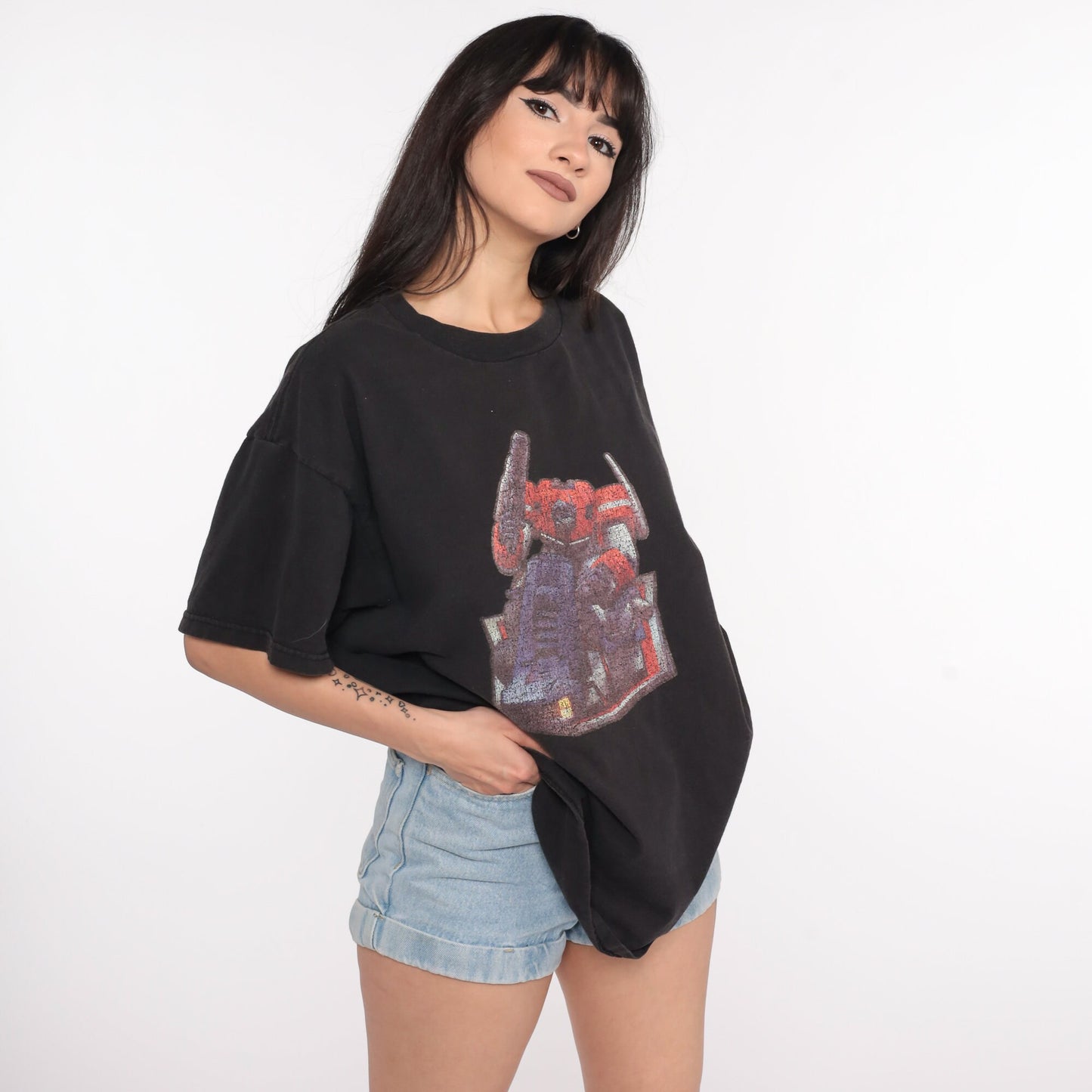 90s Transformers Graphic T-Shirt Black Robot Cartoon Large