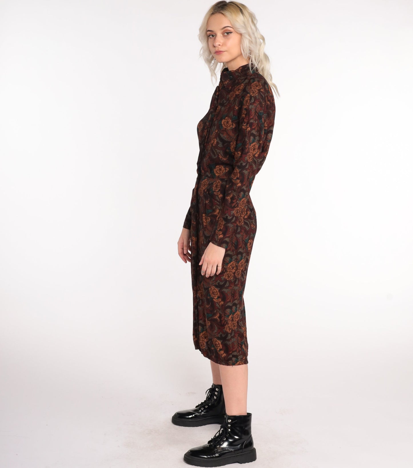 80s Floral Midi Dress Brown High-Waisted Keyhole Long Sleeve Medium