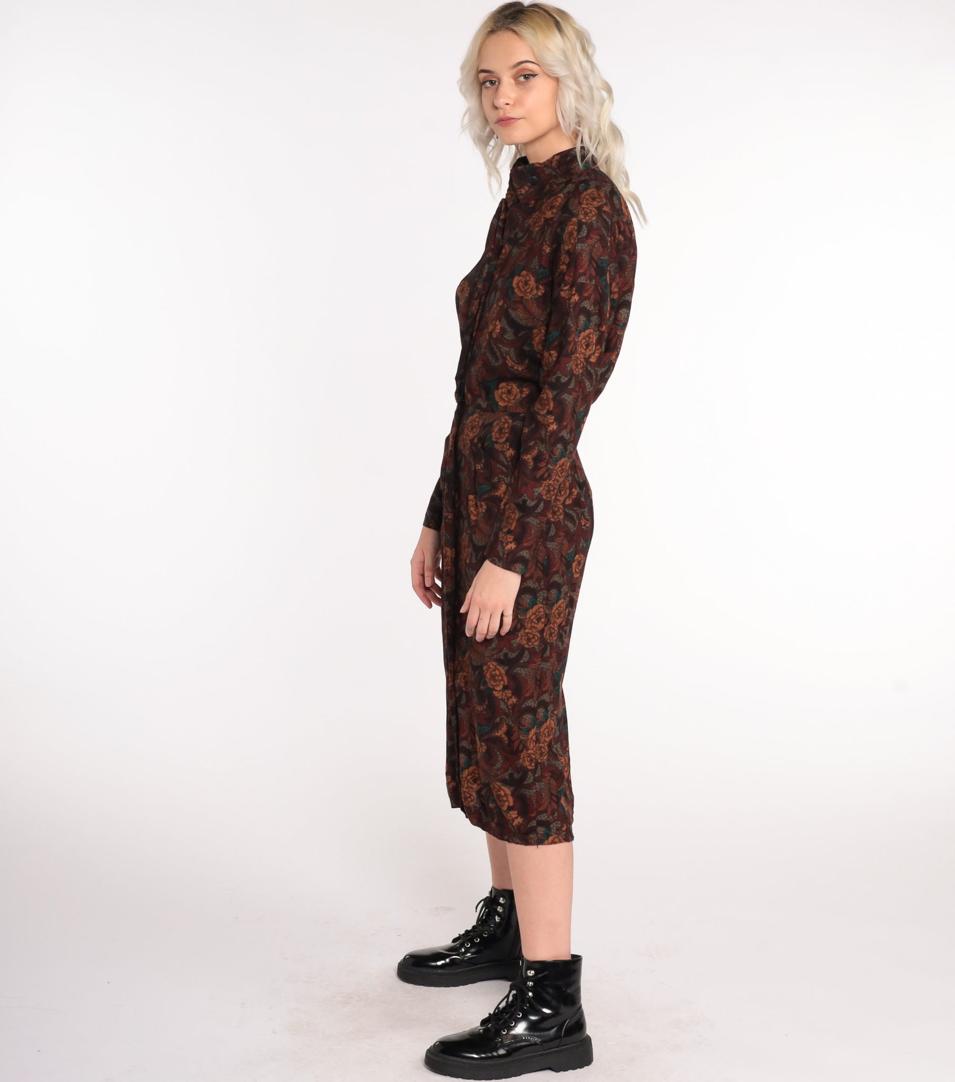 80s Floral Midi Dress Brown High-Waisted Keyhole Long Sleeve Medium