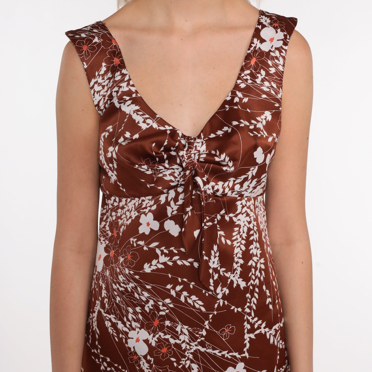 70s Brown Floral Mini Dress Empire Waist Sleeveless Bow Small Medium