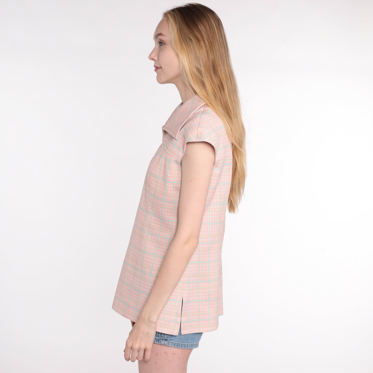 70s Pink Plaid Cap Sleeve Blouse Checkered Vintage Small Medium