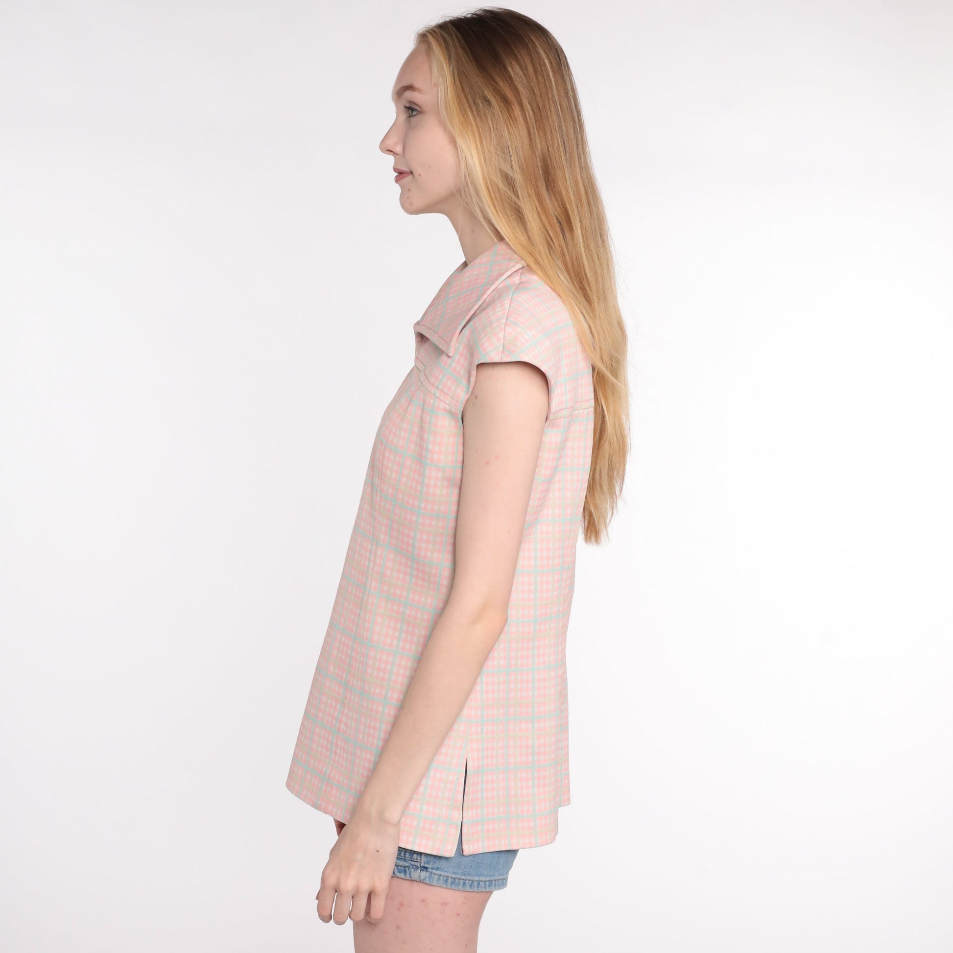 70s Pink Plaid Cap Sleeve Blouse Checkered Vintage Small Medium