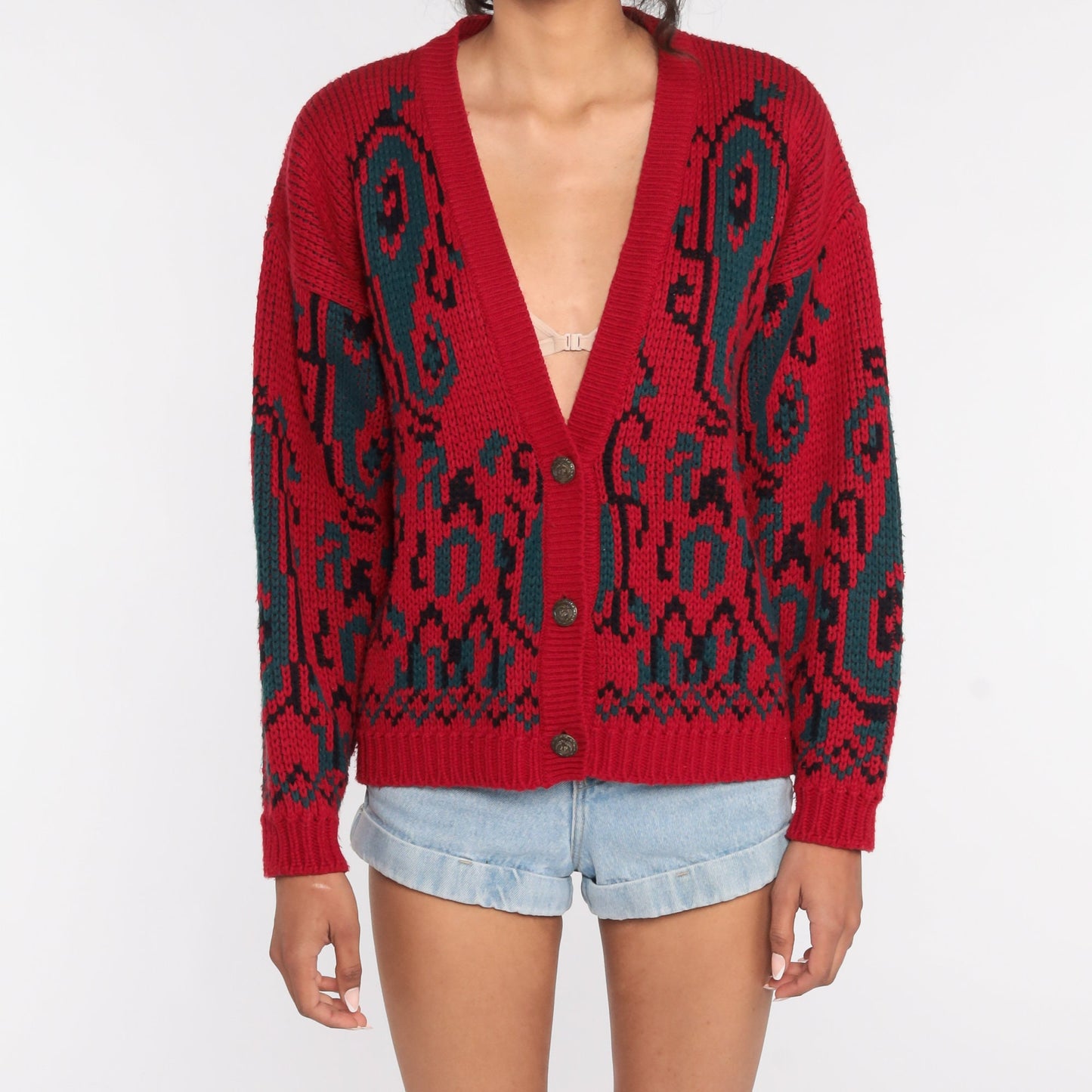 90s Paisley Cardigan Sweater Red Geometric Knit Button Up Medium