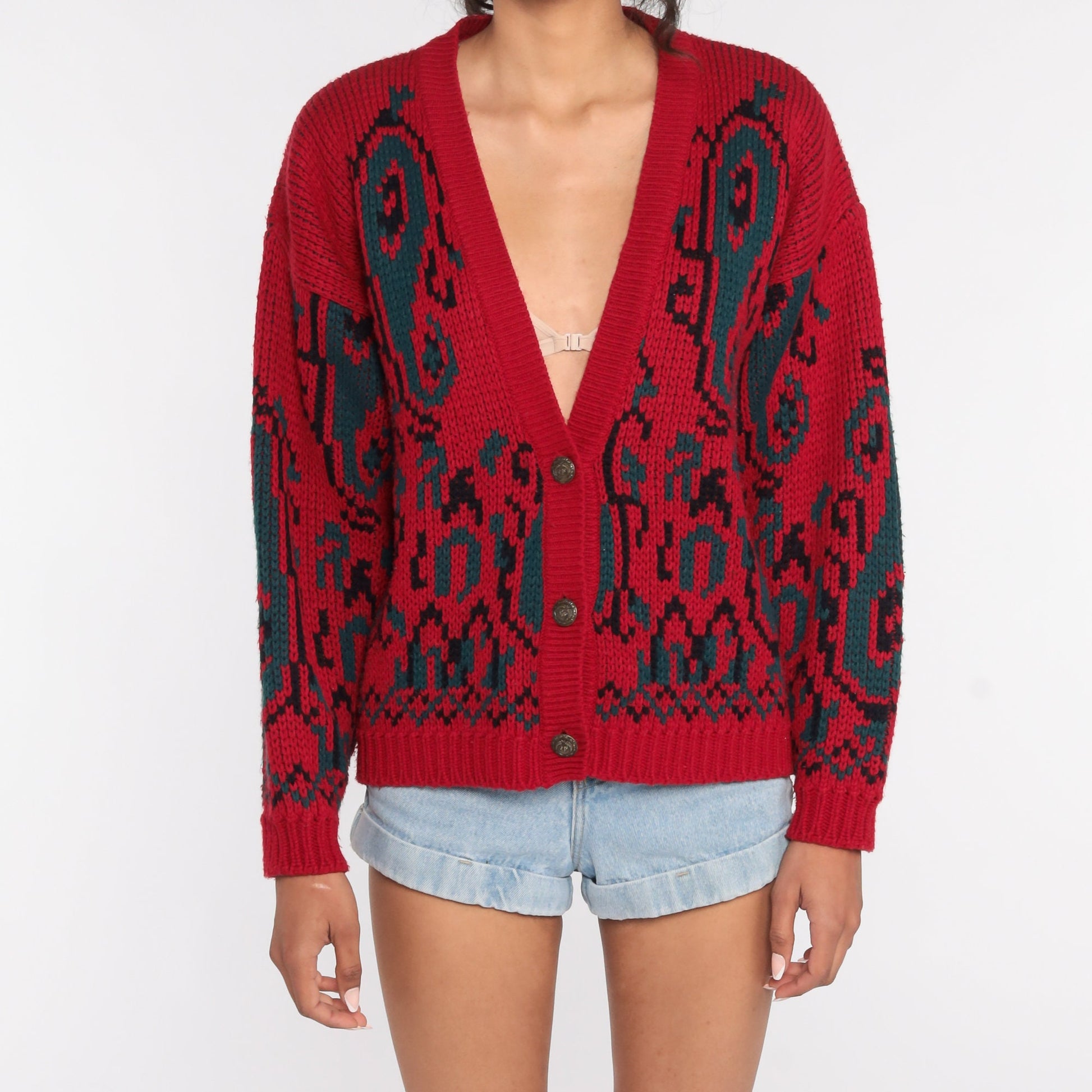 90s Paisley Cardigan Sweater Red Geometric Knit Button Up Medium