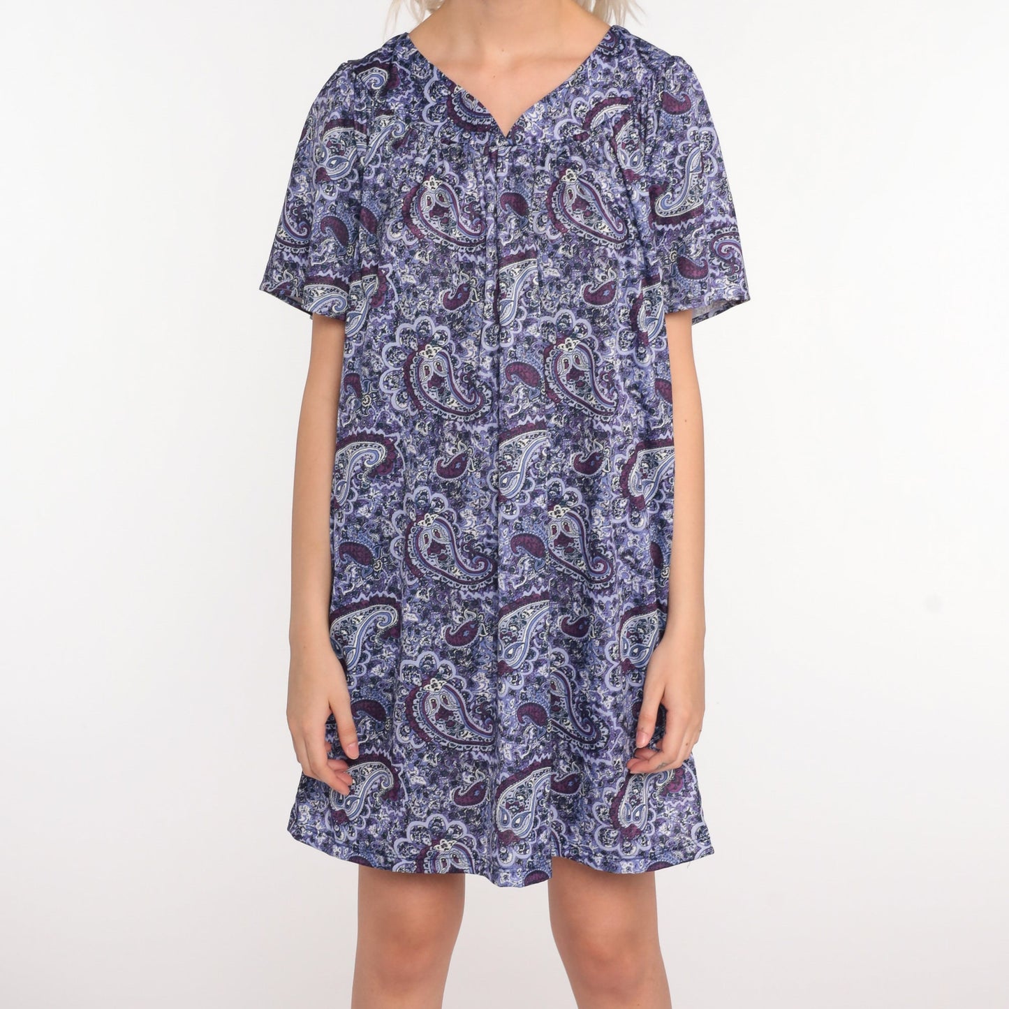 90s Purple Paisley Tent Mini Dress Short Sleeve Psychedelic Print Large L
