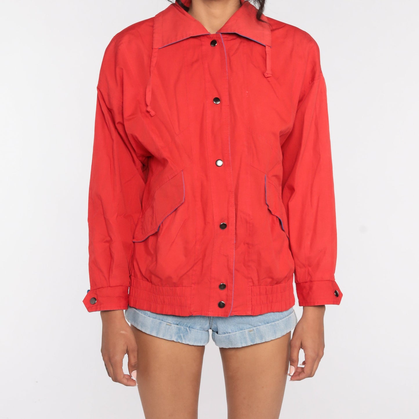 80s Red Windbreaker Jacket Zip Up Cotton Drawstring Small