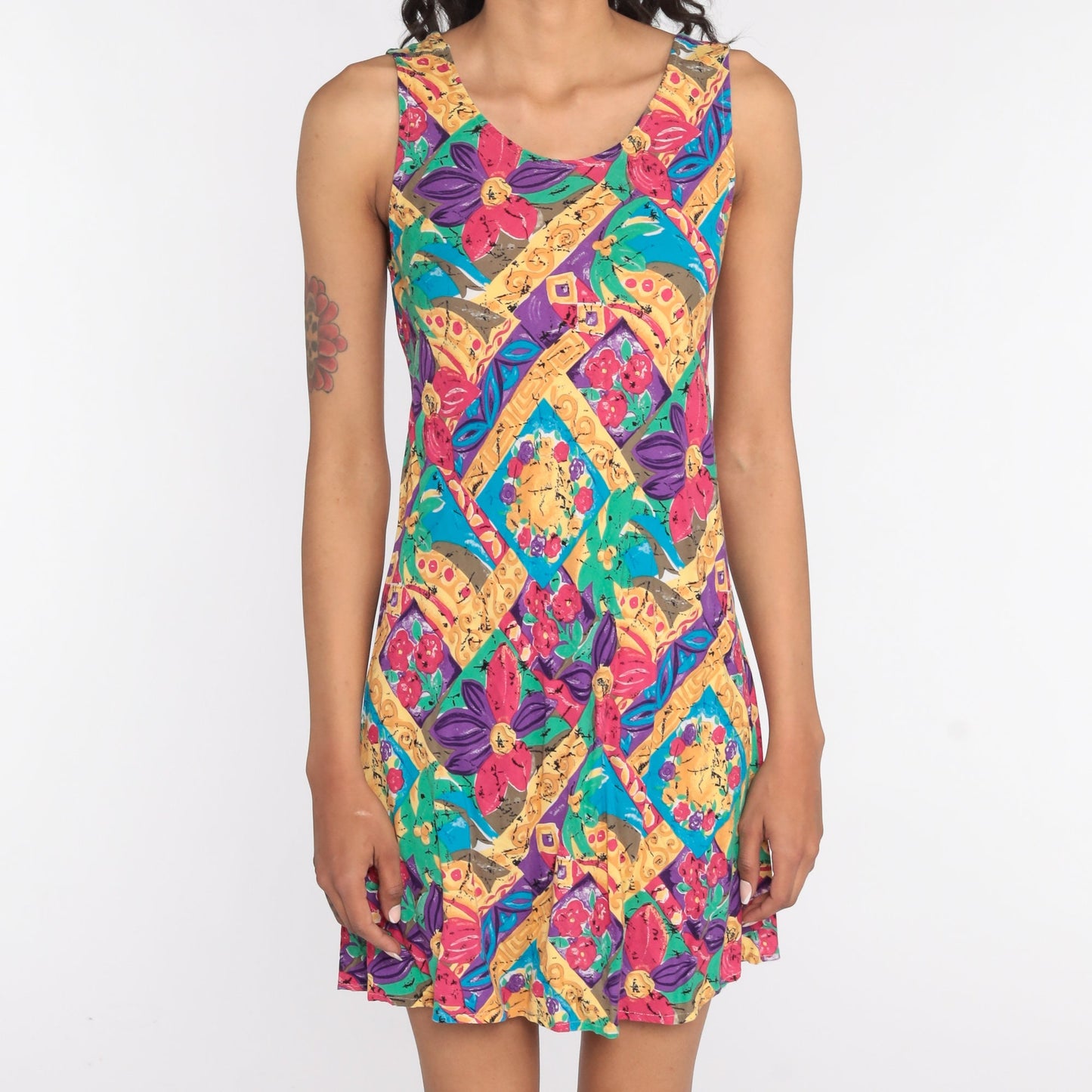 90s Floral Mini Shift Dress Sleeveless Summer Sundress Medium