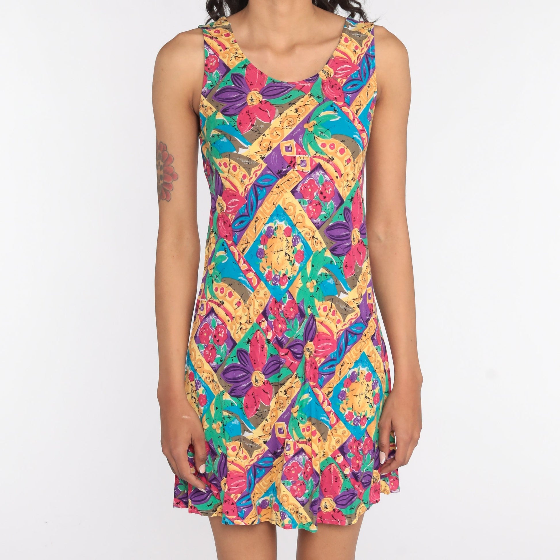 90s Floral Mini Shift Dress Sleeveless Summer Sundress Medium