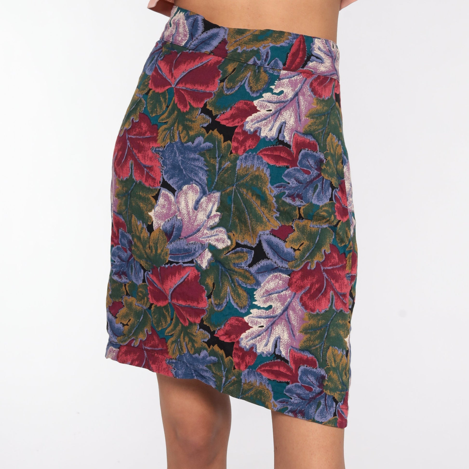90s Leaf Print Mini Pencil Skirt High Waisted Small S