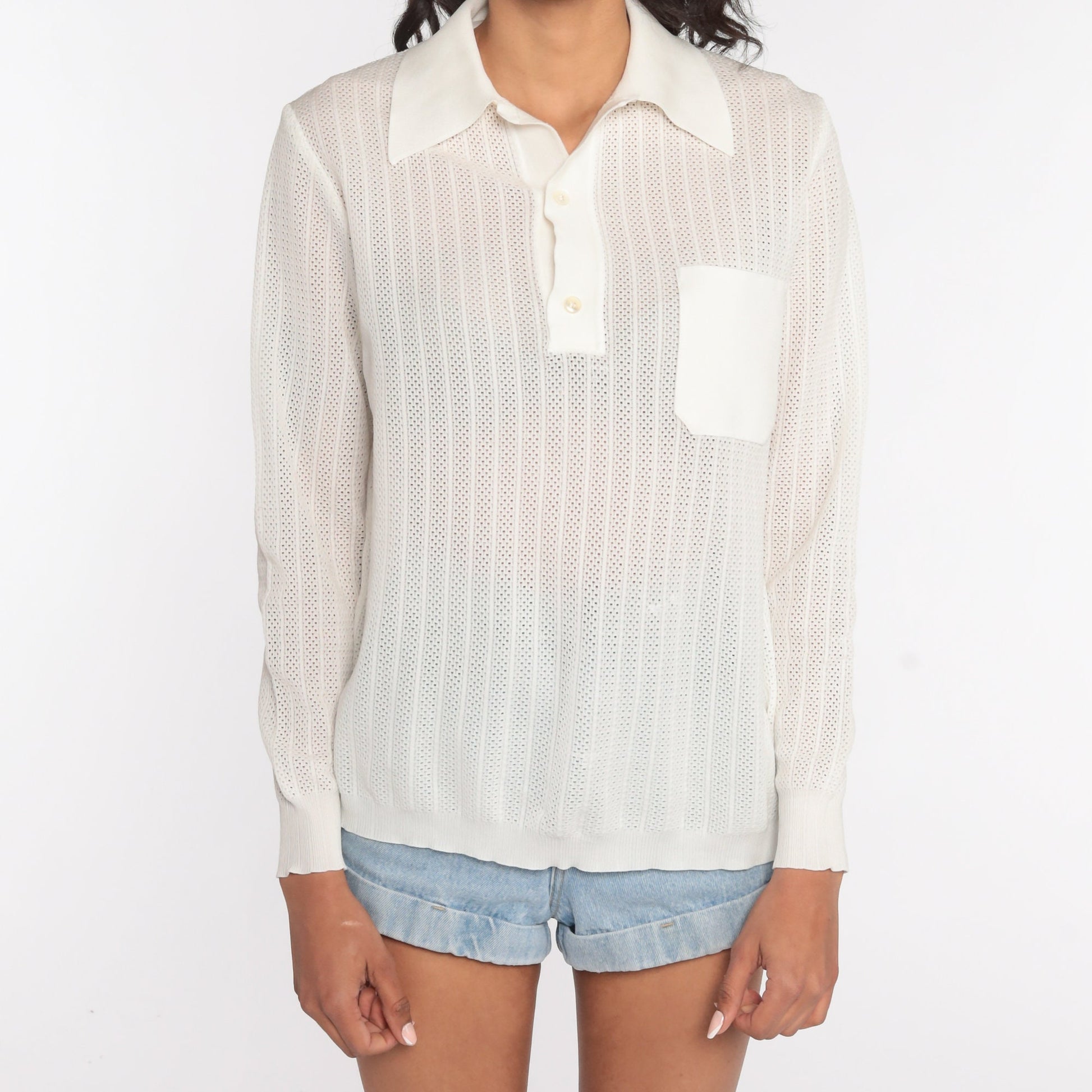 70s Sheer Off-White Cutout Blouse Long Sleeve Polo Shirt Large