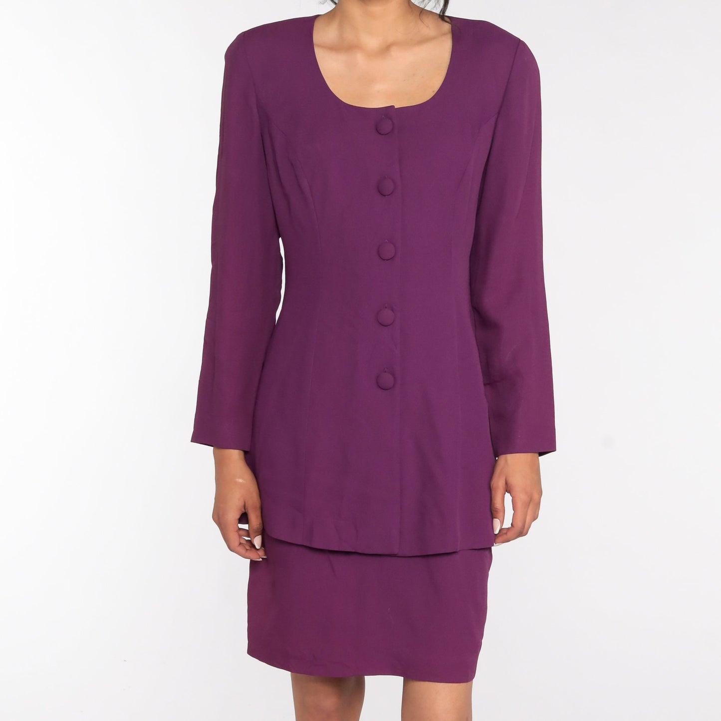 80s Purple Sheath Dress Button Front Bow Back V-Neck Secretary Medium