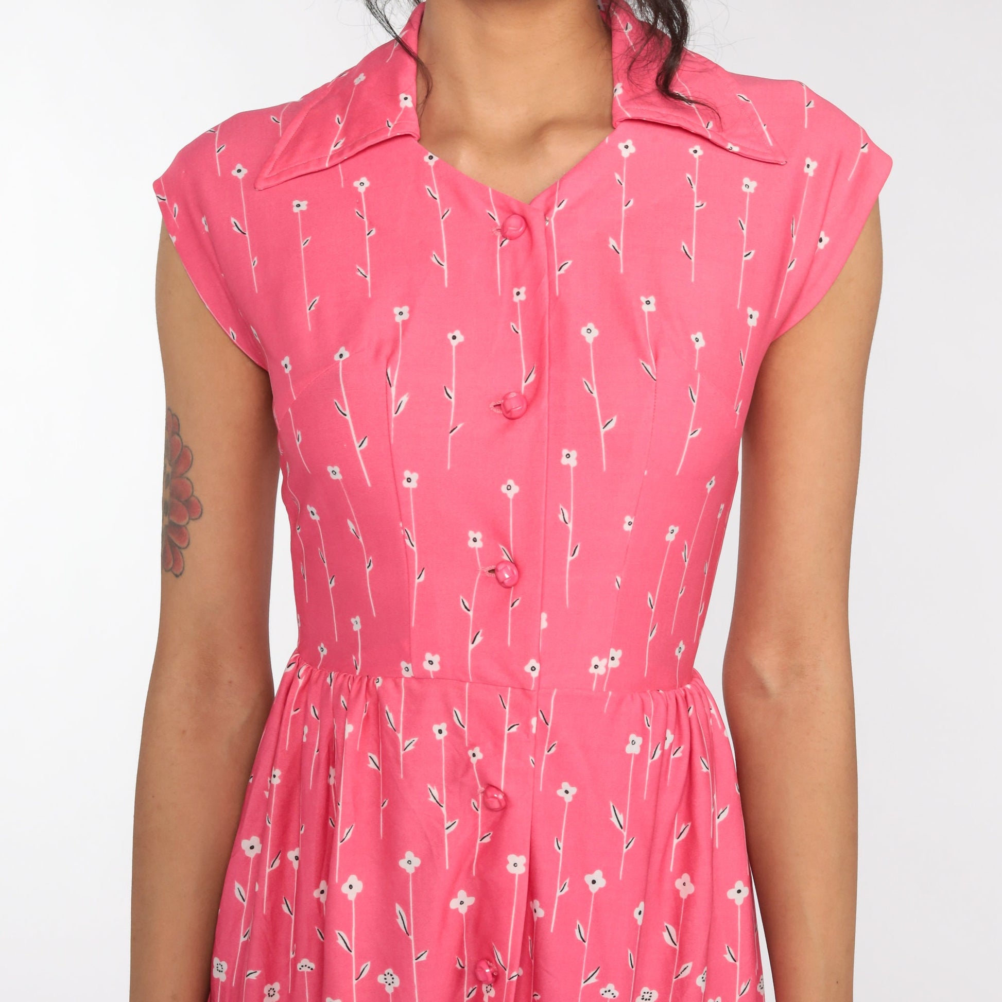 70s Pink Floral Midi Dress High Waist Cap Sleeve Button Front Extra Small