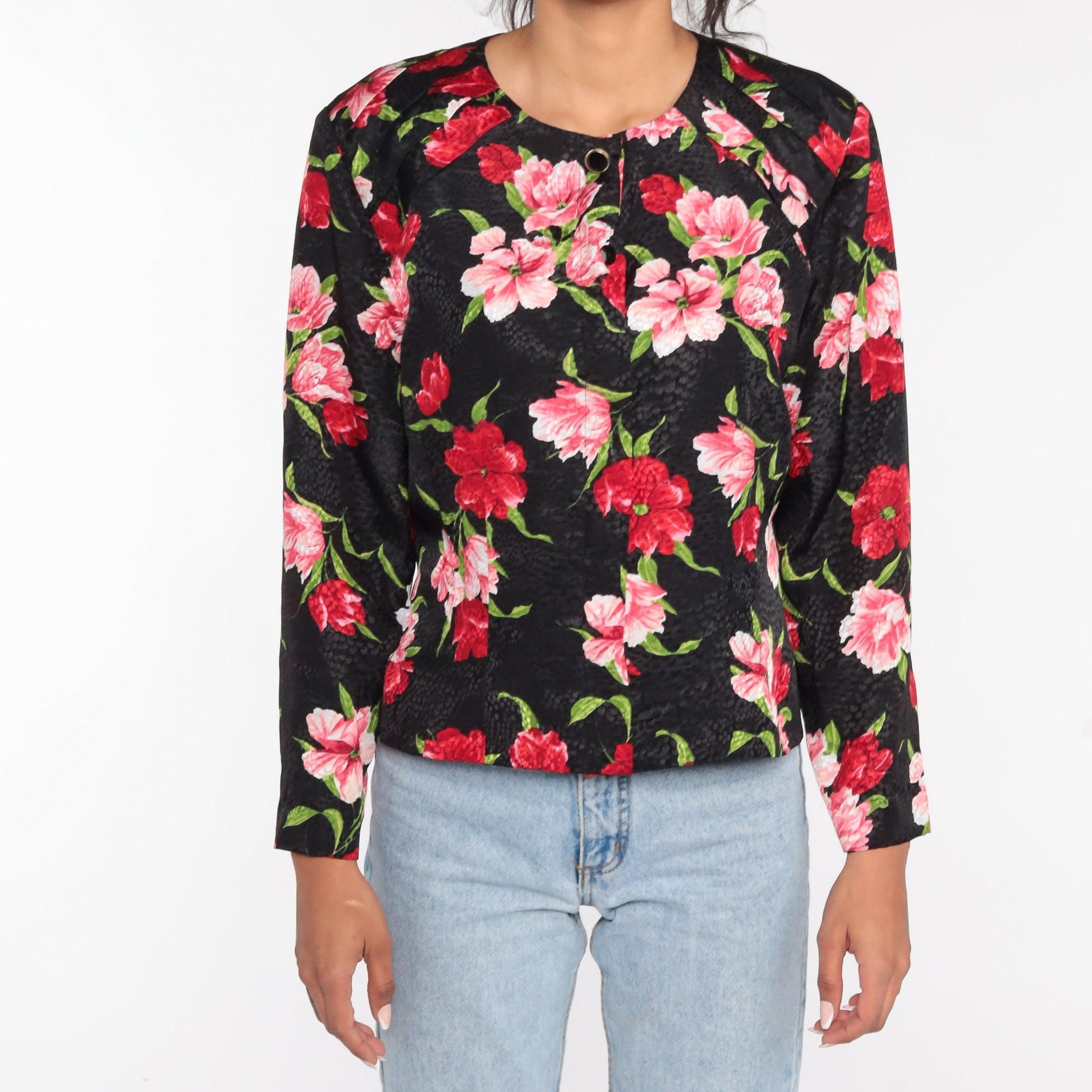 90s Liz Claiborne Black Floral Button-Up Blouse Long Sleeve Large L