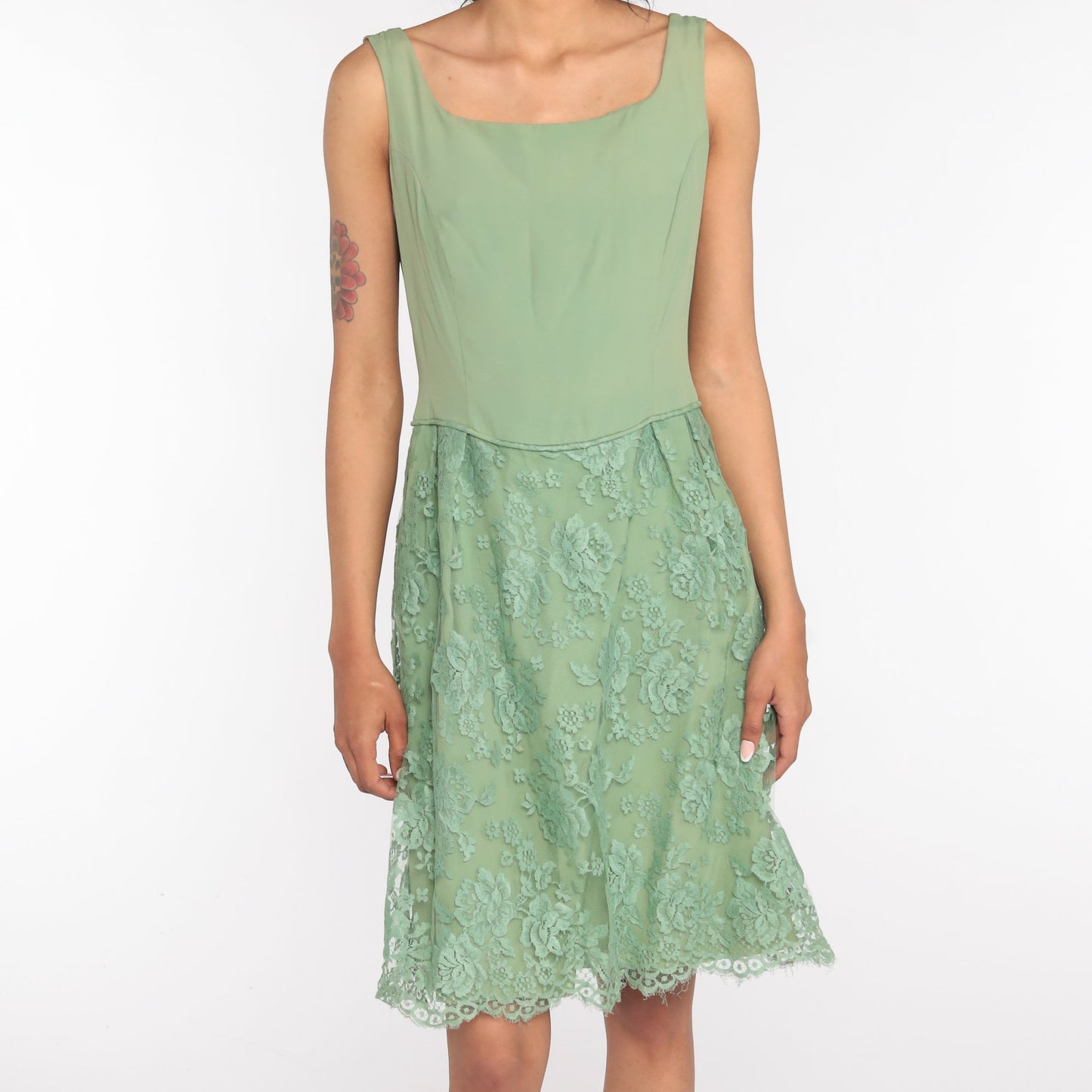 1960s Green Lace Cocktail Dress Midi Tea Length Small
