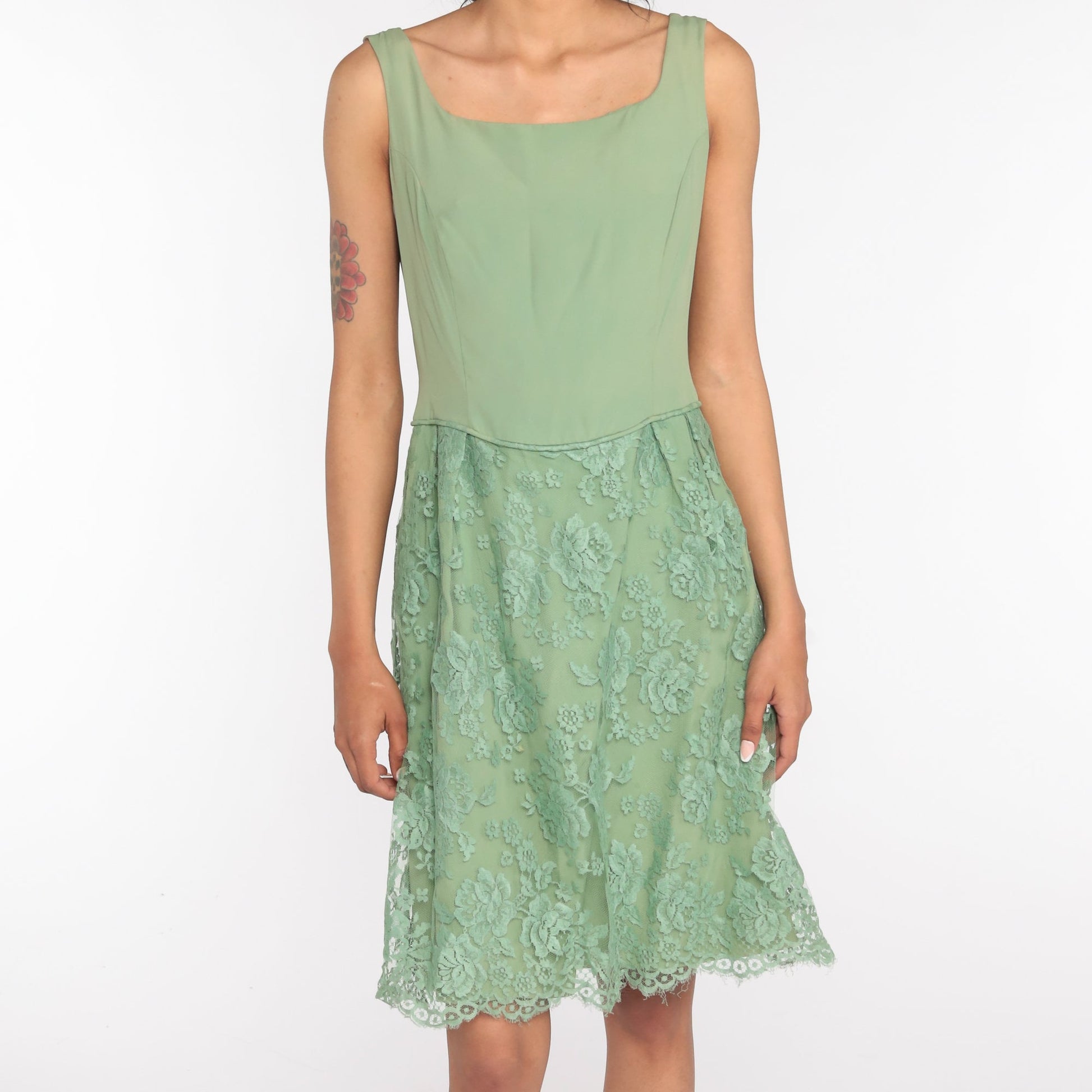 1960s Green Lace Cocktail Dress Midi Tea Length Small