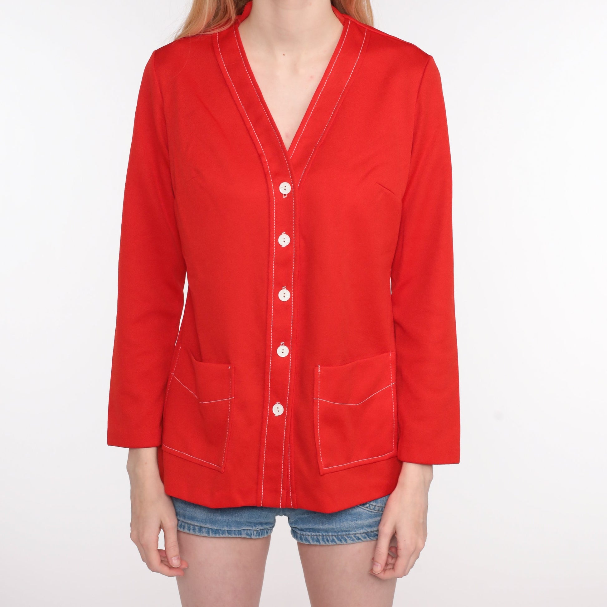 70s Red Polyester Button-Up Blouse Long Sleeve Pocket Shirt Medium