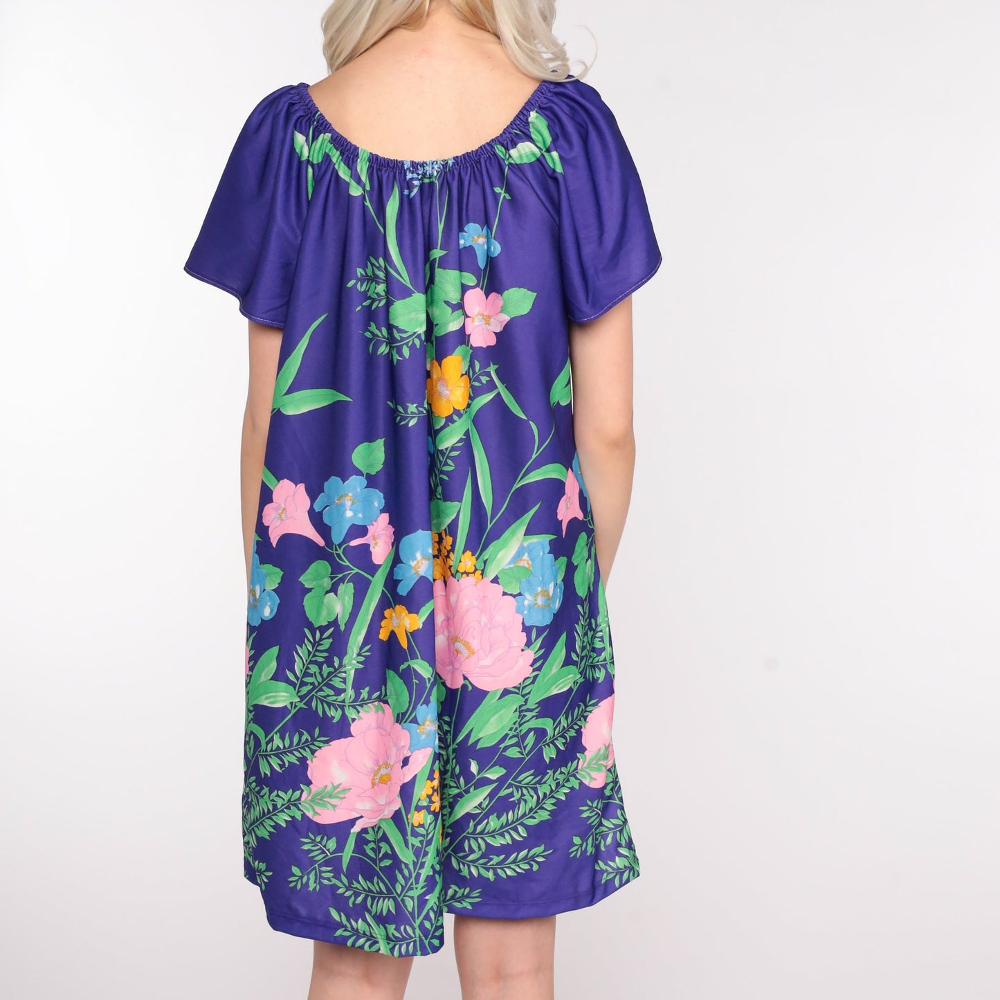 70s Tropical Floral Tent Dress Mini Hawaiian Tunic Medium Large