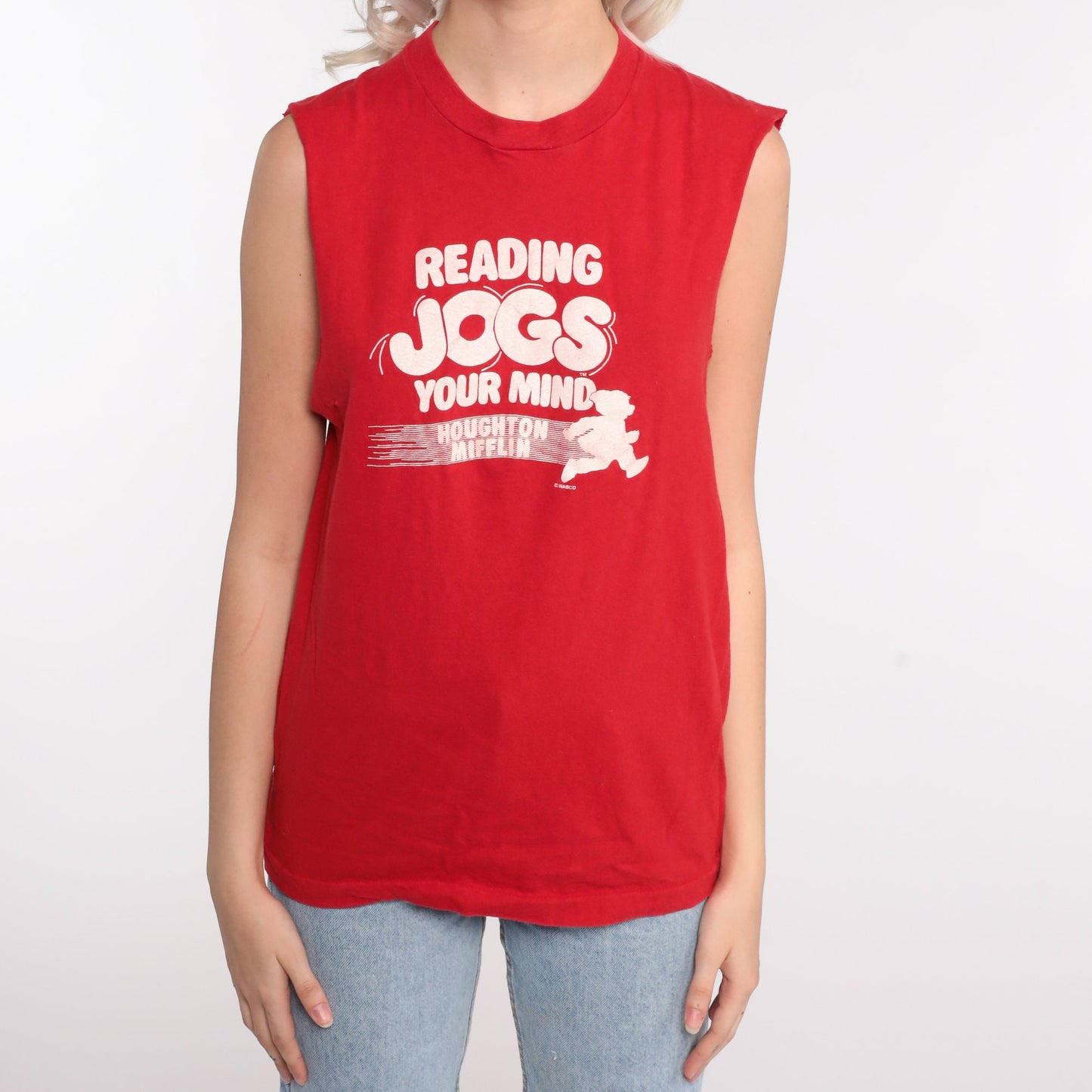 80s Screen Stars Reading Tank Top Graphic Sleeveless Tee Red Medium