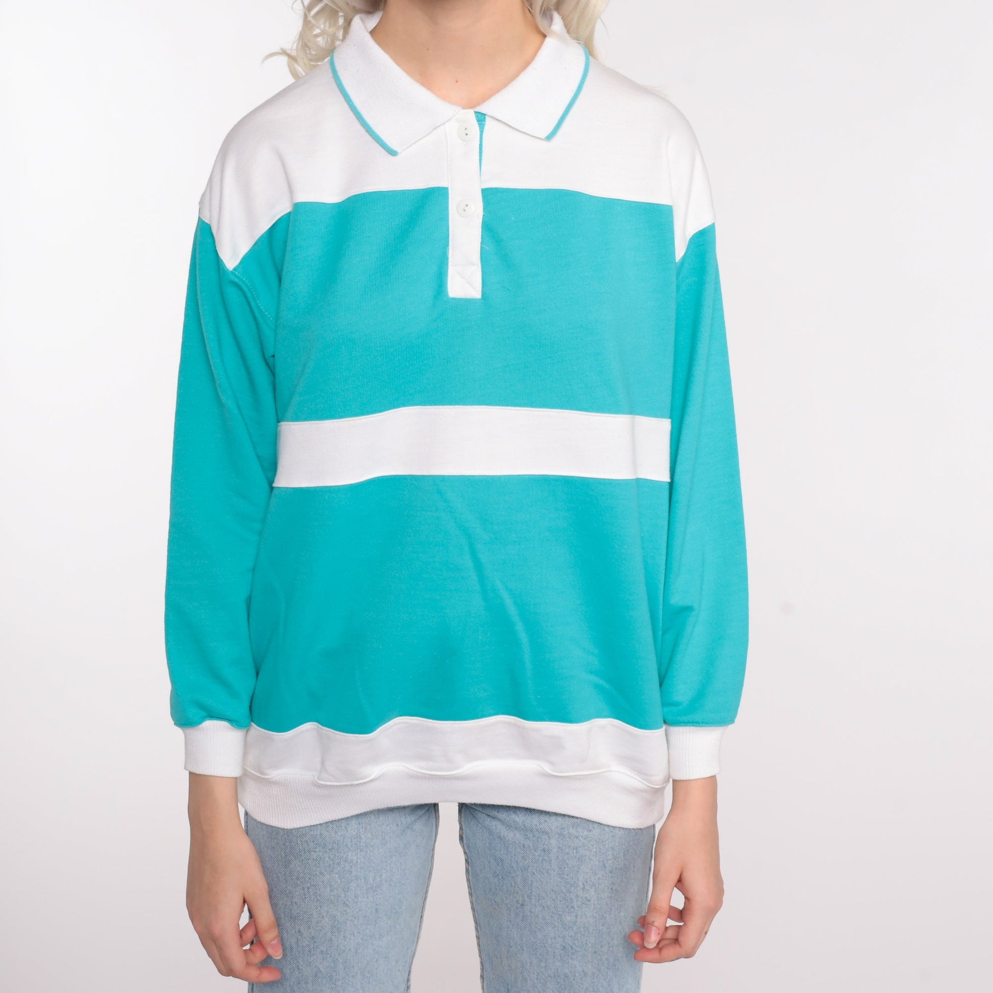 80s Polo Turquoise Striped Button Sweatshirt Medium