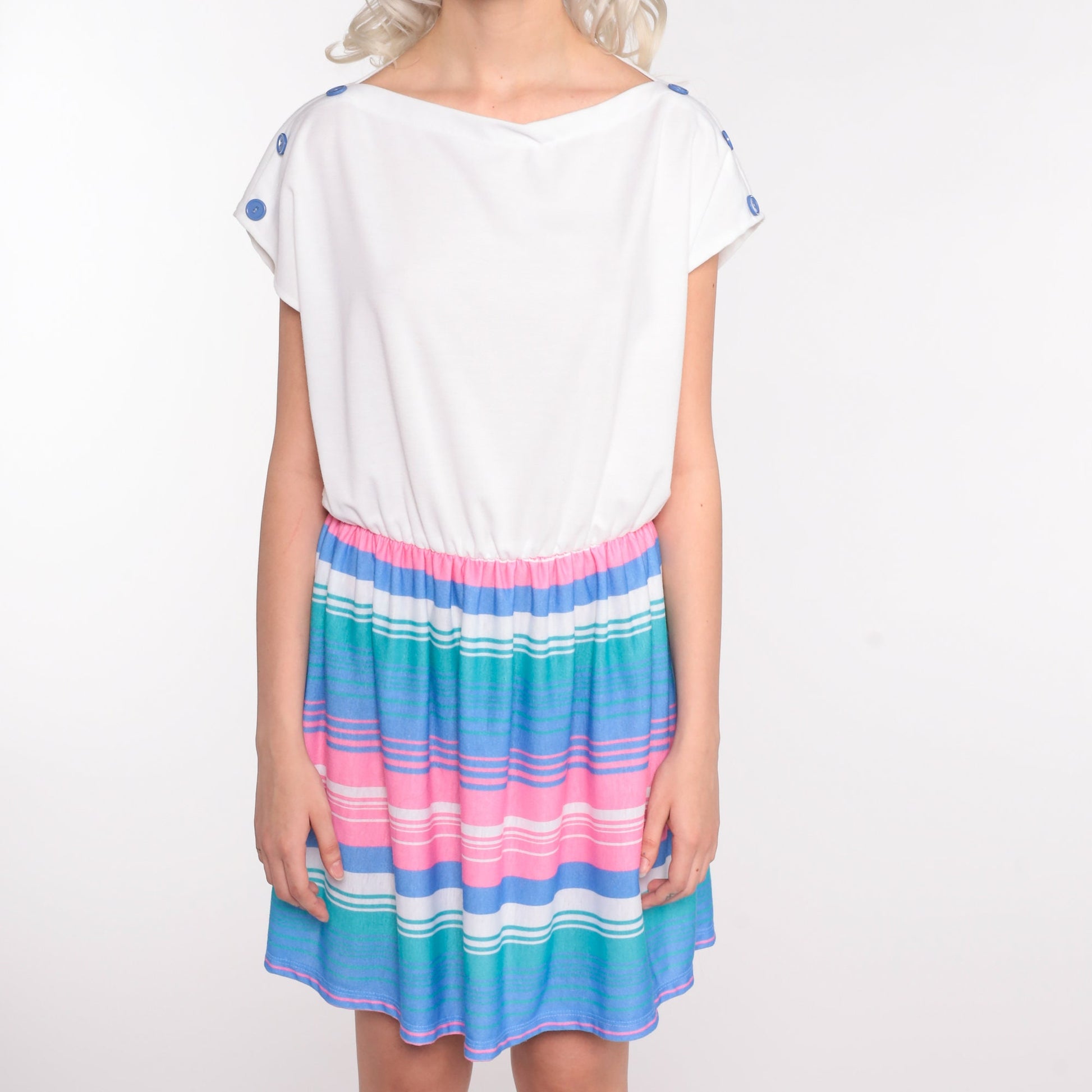 80s White Striped Mini Dress Cap Sleeve High Waist Pink Blue Large