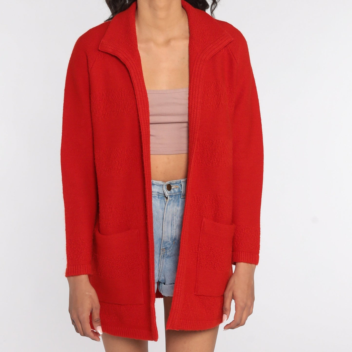 70s Red Cardigan Sweater Open Front Knit Large L