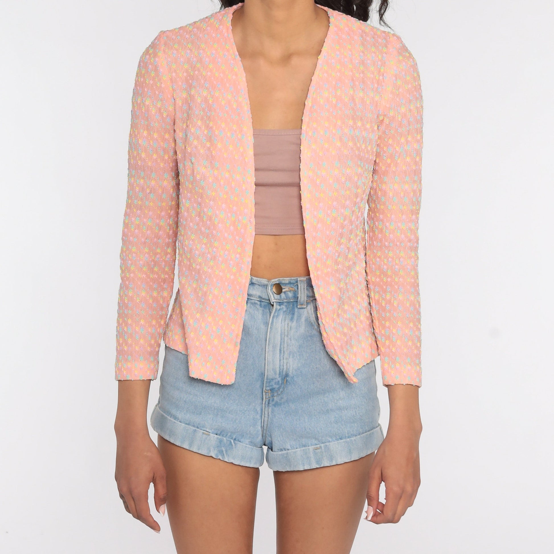 70s Baby Pink Flecked Open Front Blouse Long Sleeve Small