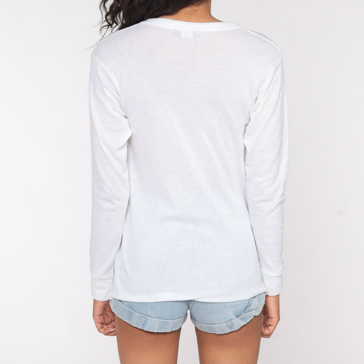 80s Plain White Long Sleeve T-Shirt Vintage Tee Small Medium
