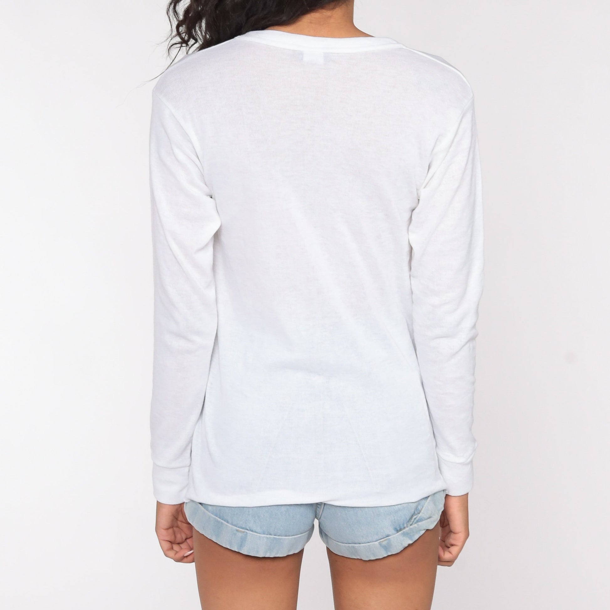 80s Plain White Long Sleeve T-Shirt Vintage Tee Small Medium