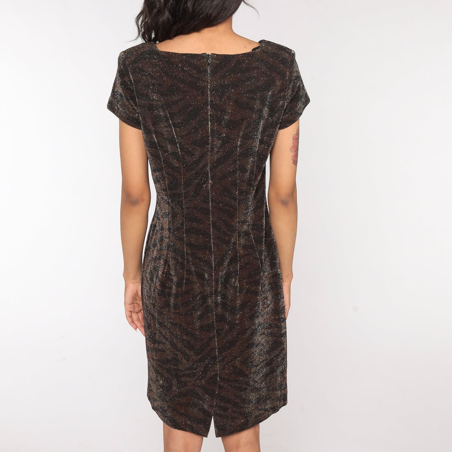 90s Metallic Tiger Stripe Mini Dress Short Sleeve Shift Minidress Medium