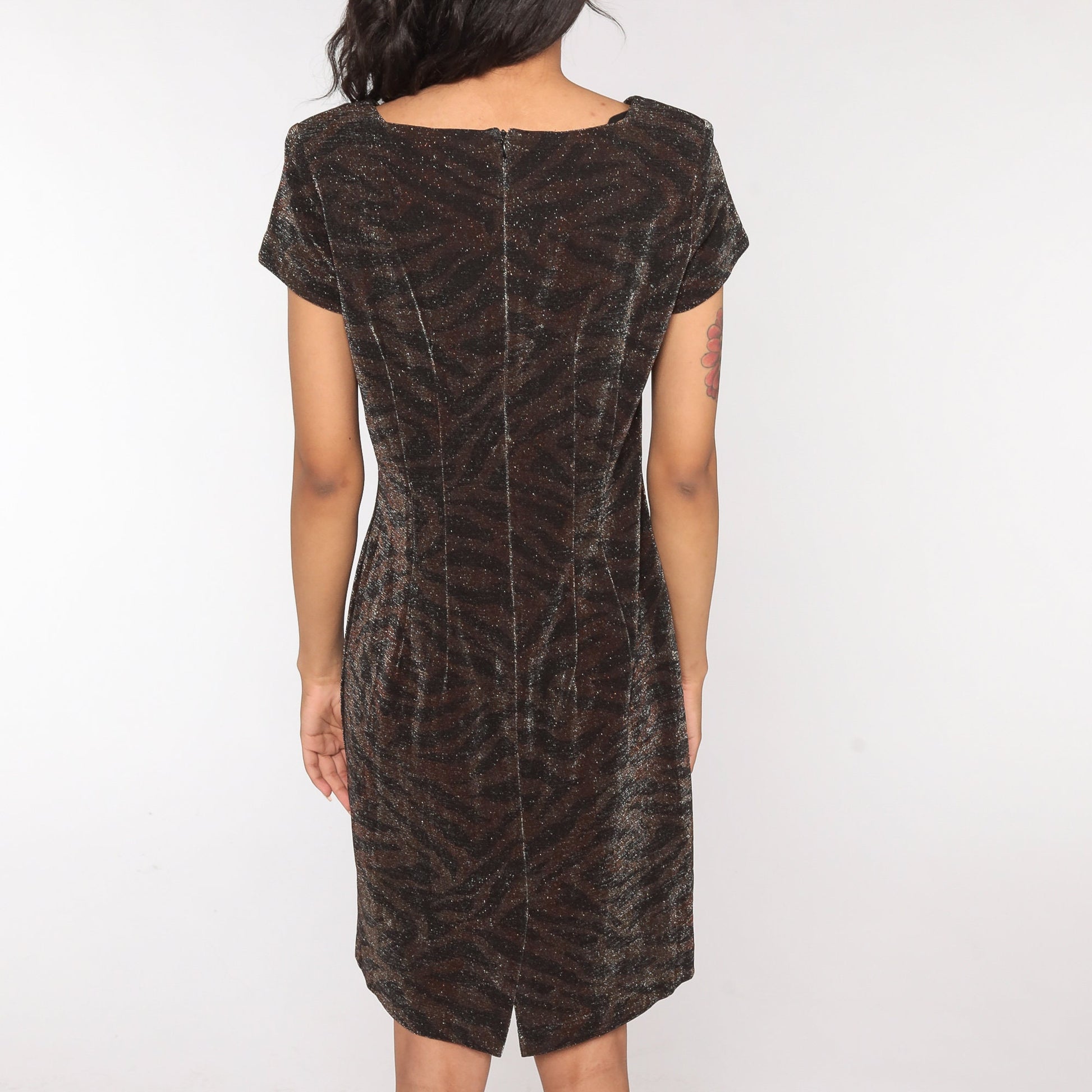 90s Metallic Tiger Stripe Mini Dress Short Sleeve Shift Minidress Medium