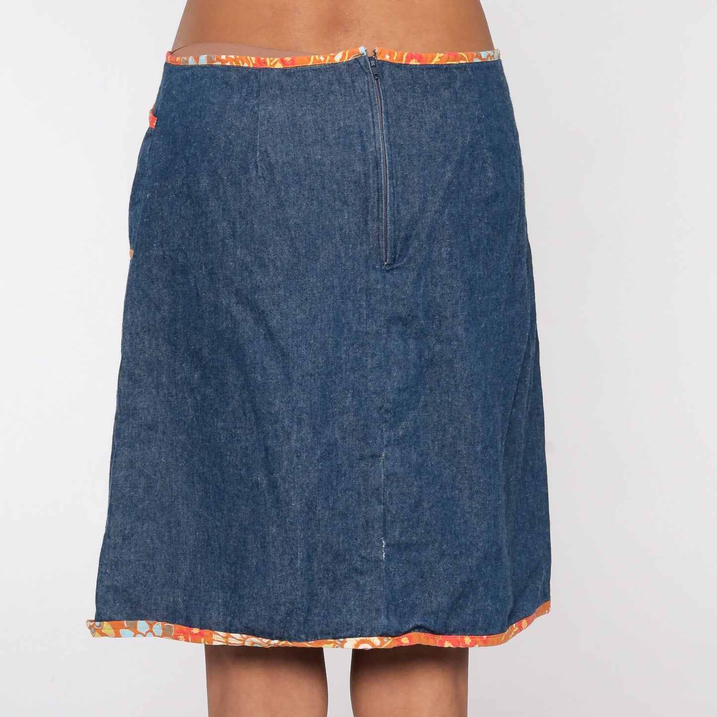 90s Denim Mini Skirt Floral Trim High Waisted Jean Skirt Medium