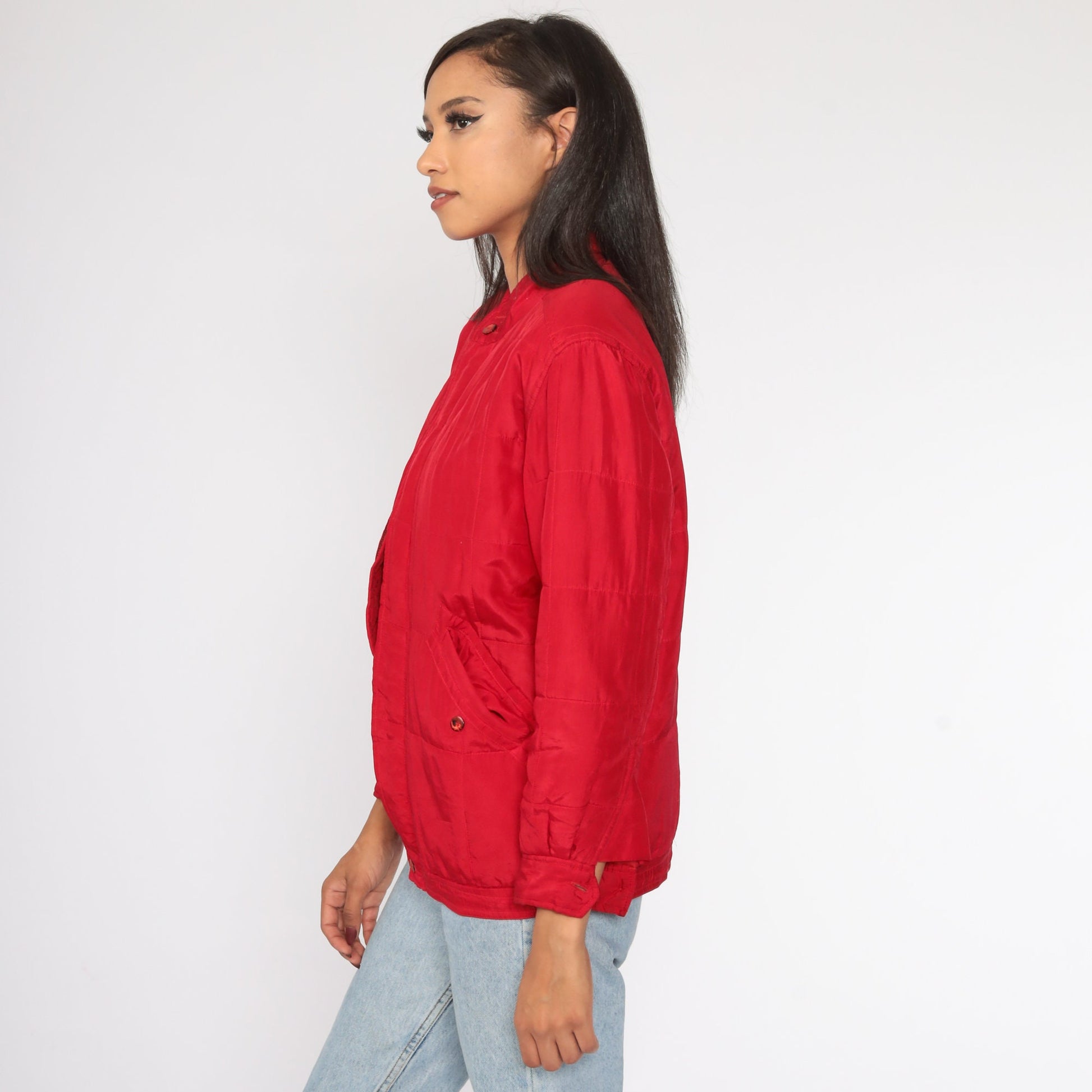 80s Red Silk Windbreaker Jacket Front Zip Petite Small