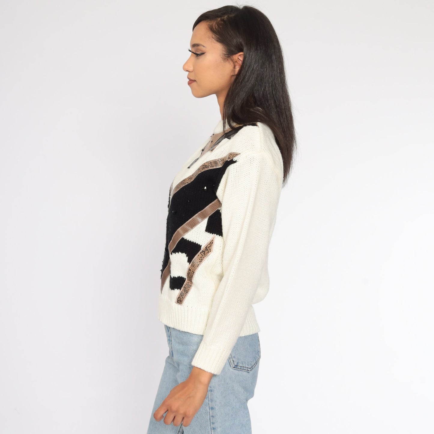 80s Geometric Knit Sweater Cream Pullover Slouchy Medium