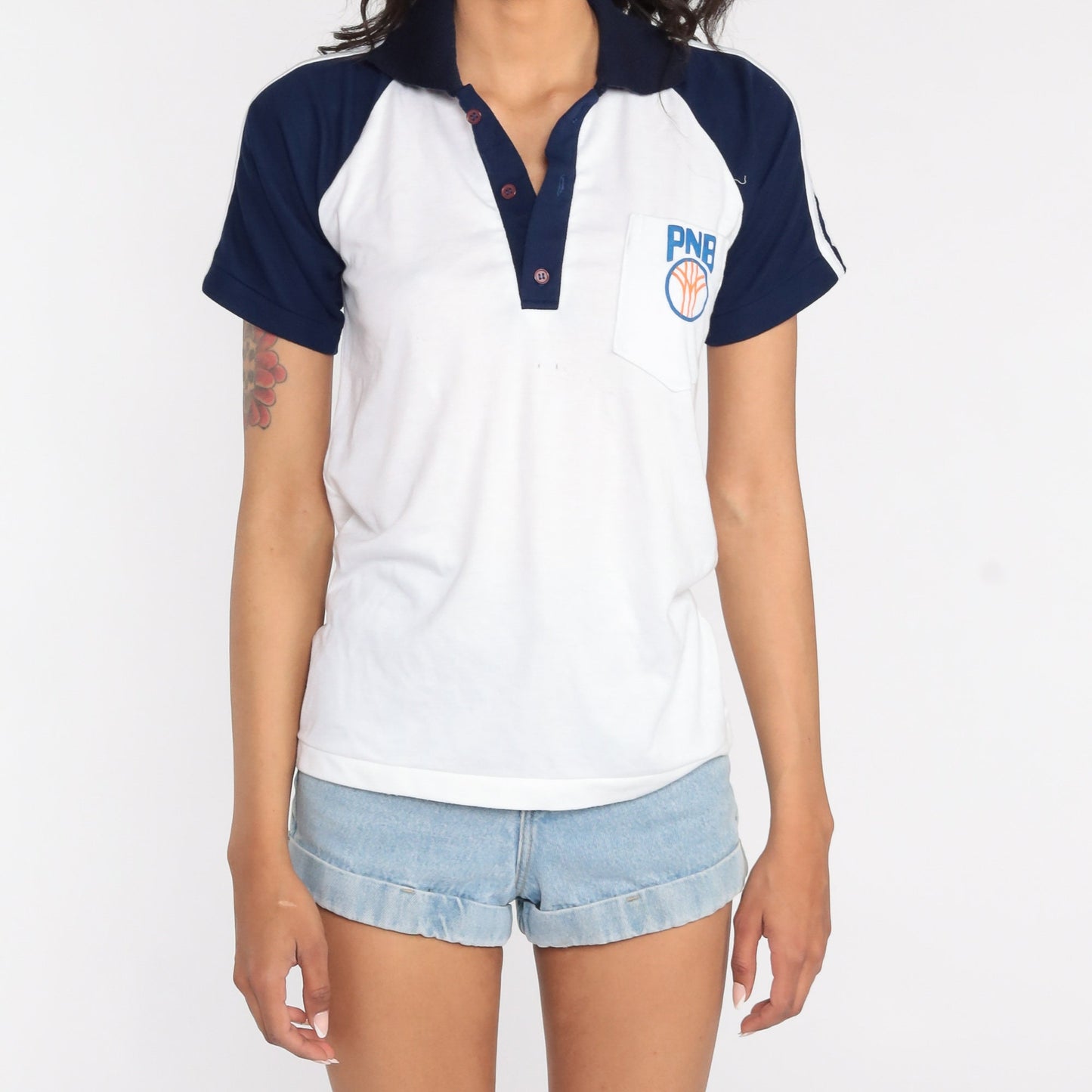 70s PNB Polo Shirt White Navy Raglan Sleeve Half Button Collared Medium