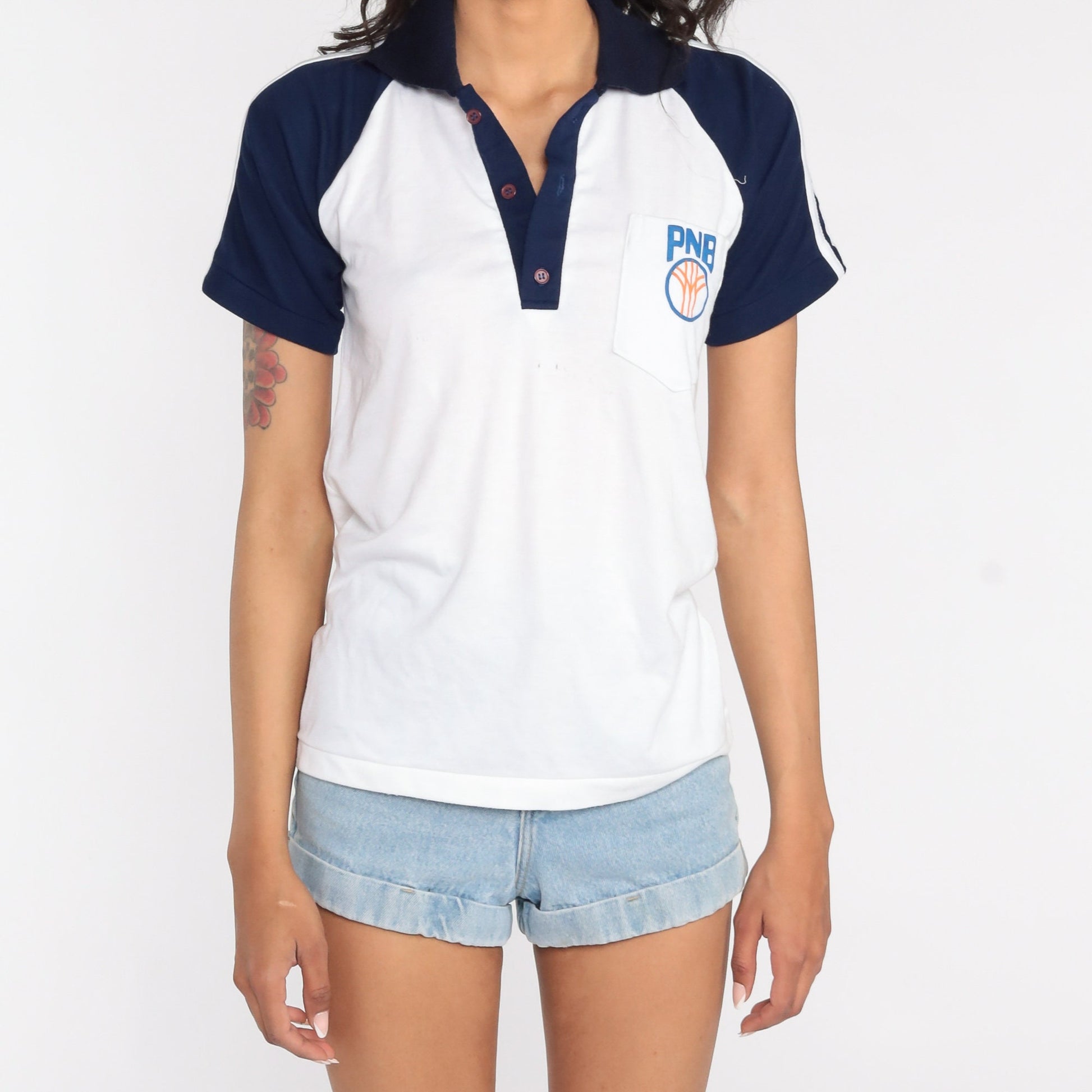70s PNB Polo Shirt White Navy Raglan Sleeve Half Button Collared Medium