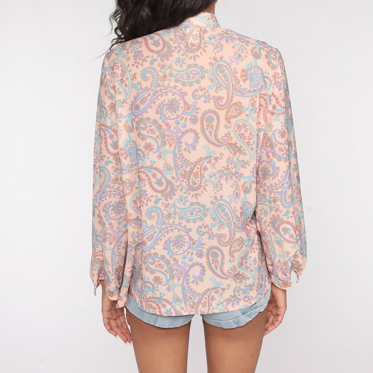 70s Paisley Ascot Blouse Button-Up Long Sleeve Neck Tie Top Medium Large