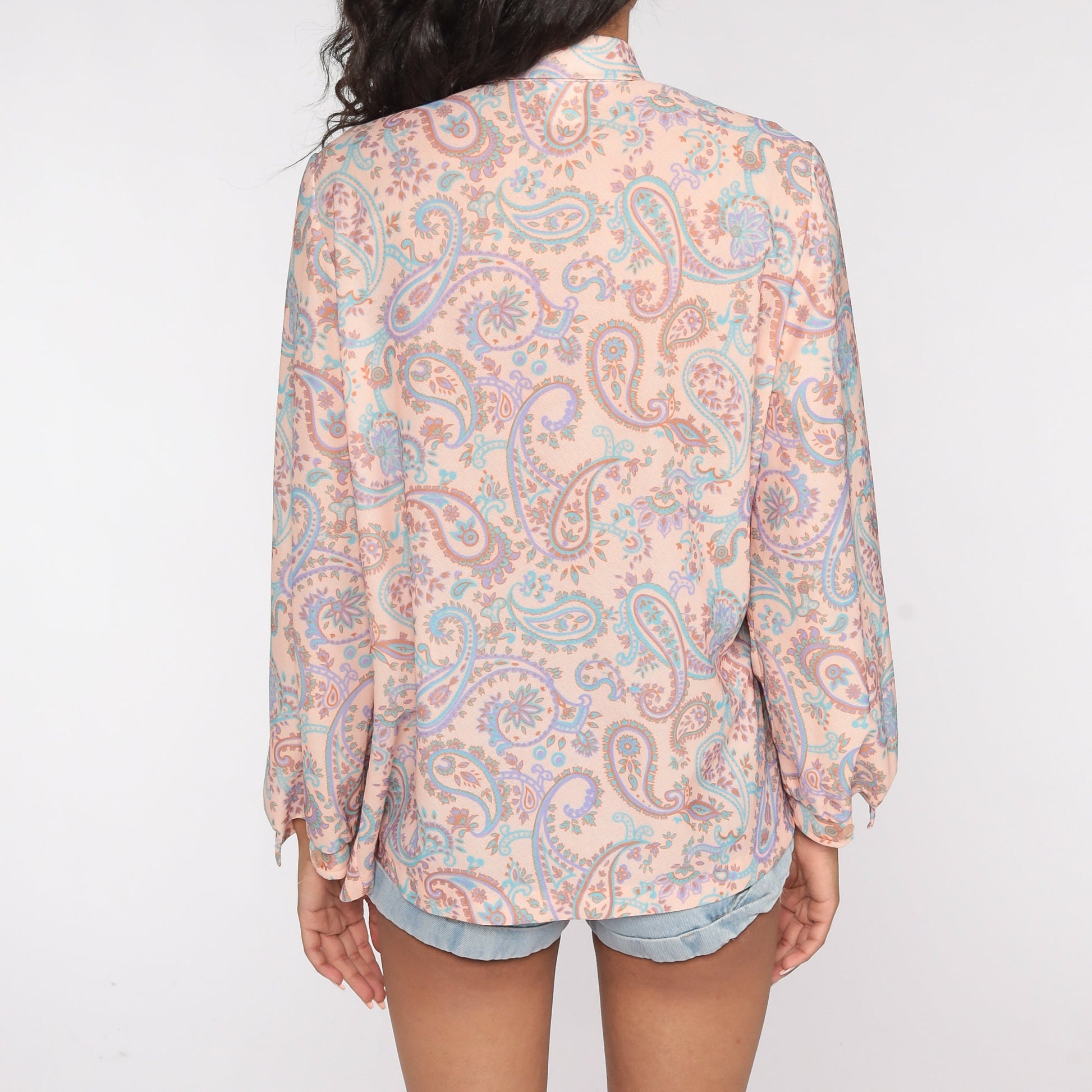 70s Paisley Ascot Blouse Button-Up Long Sleeve Neck Tie Top Medium Large