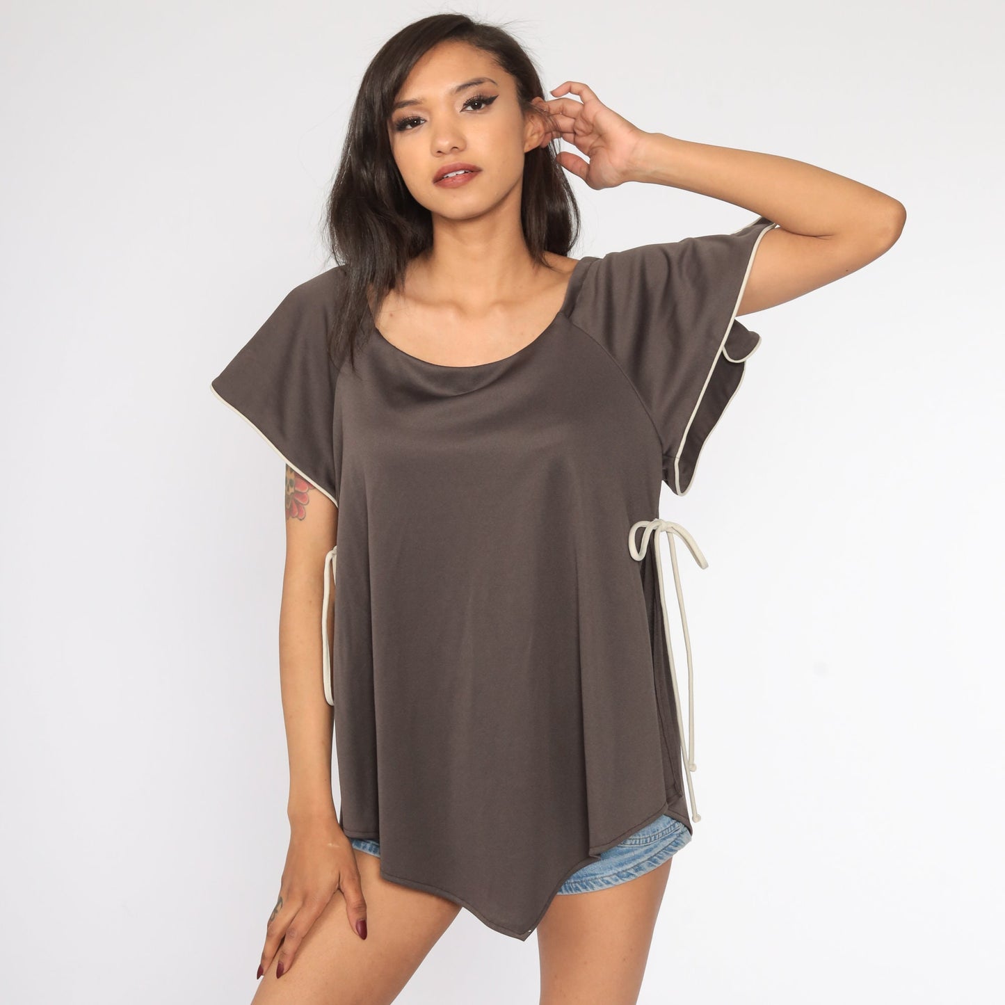 70s Brown Polyester Tunic Top Side Slit Short Sleeve Blouse Medium Large