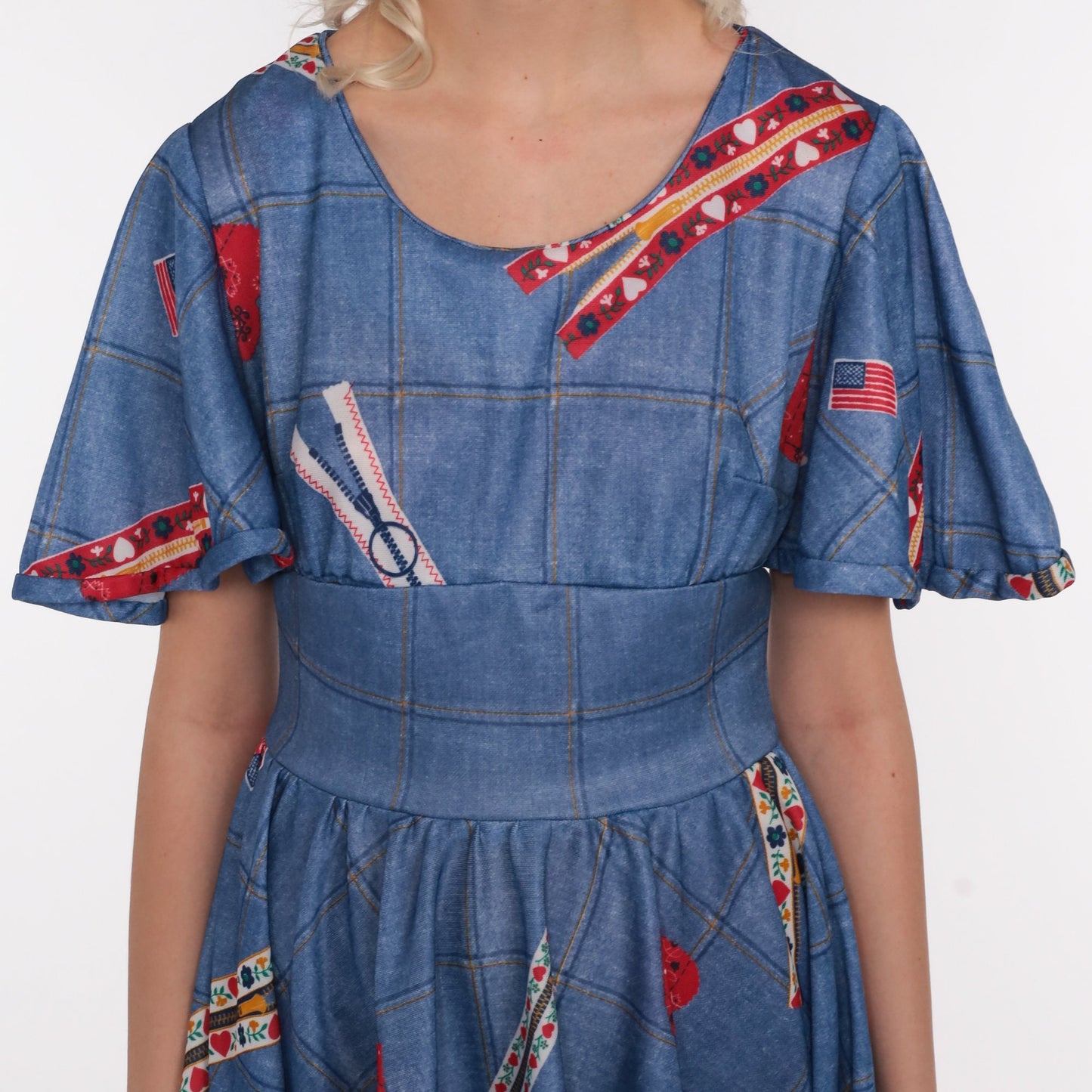 70s Babydoll Mini Dress Heart Zipper Flag Novelty Print Blue Small