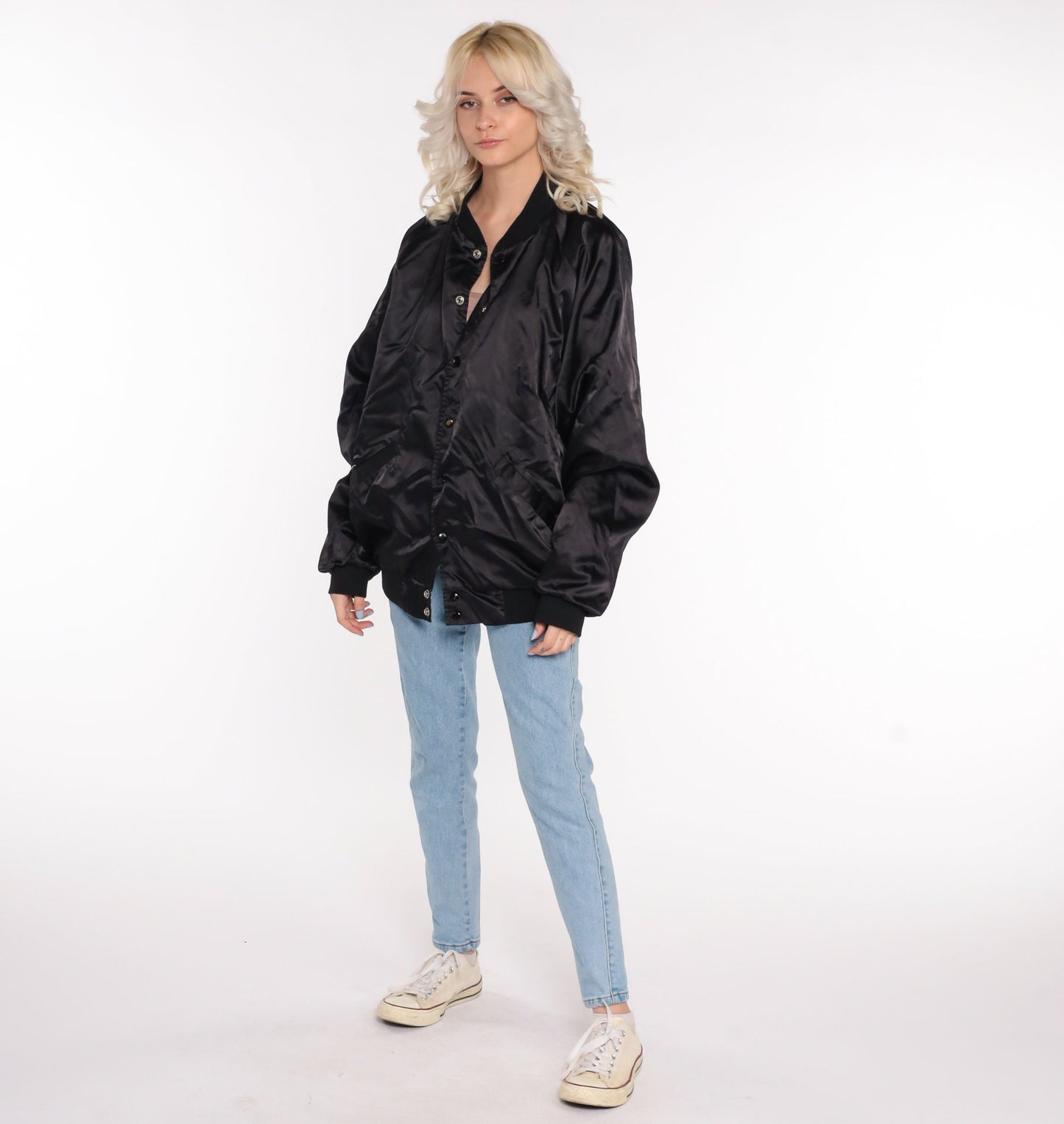 80s DKN Dance Black Bomber Jacket Satin Windbreaker Extra Large XL