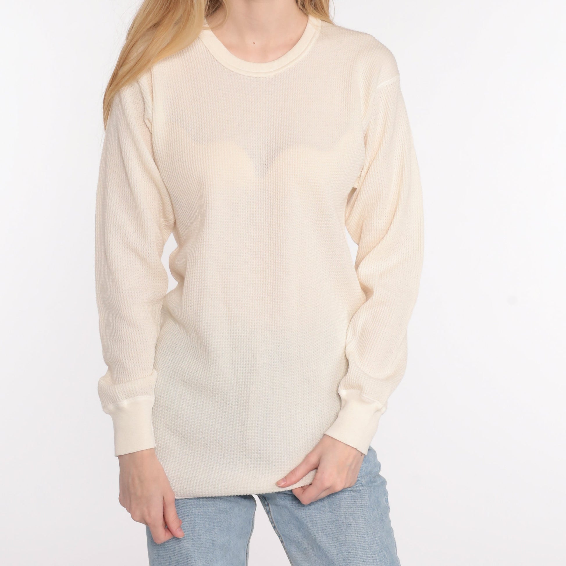 80s Hanes Cream Waffle Knit Thermal Long Sleeve Shirt Medium Large