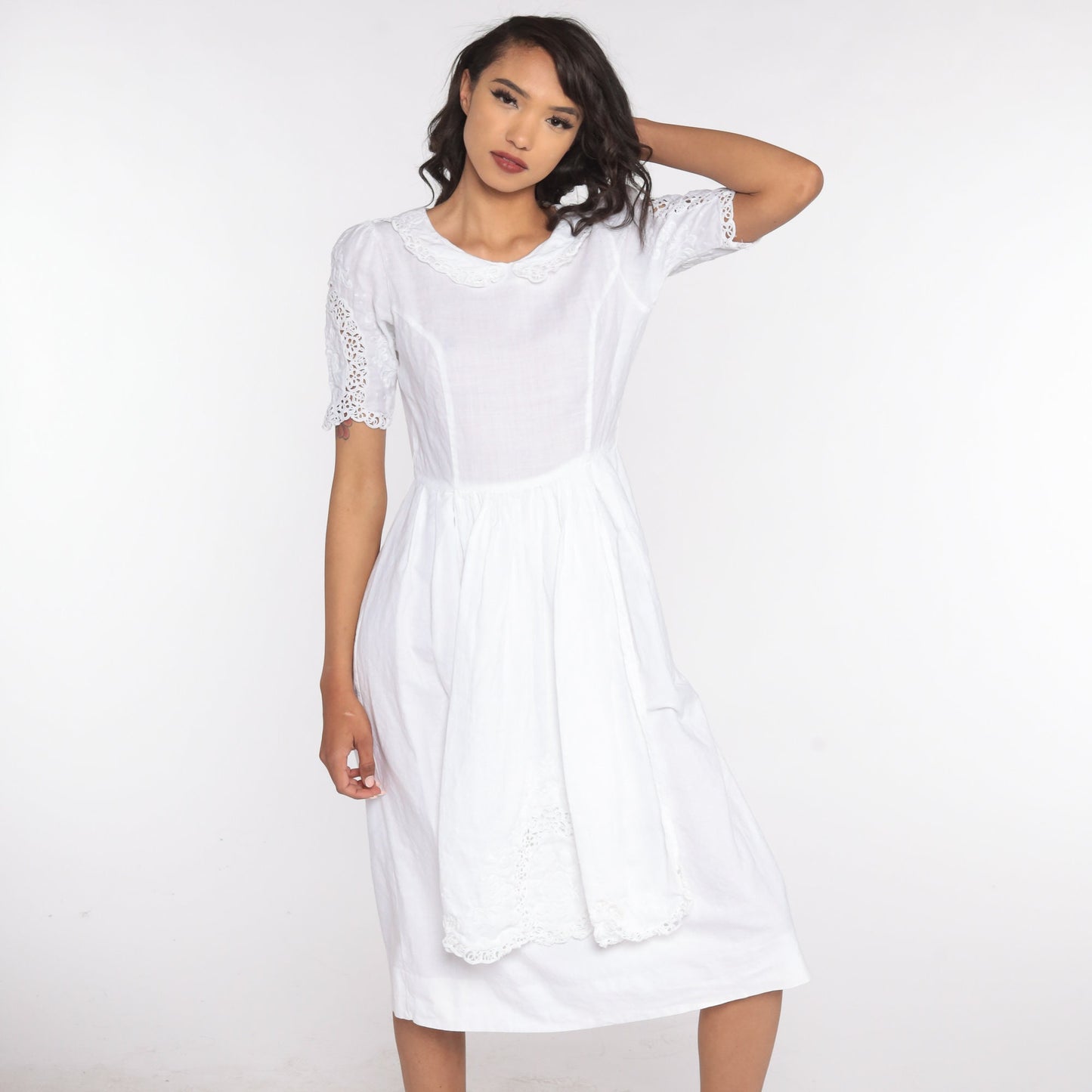 1970s White Linen Cotton Midi Dress Peter Pan Collar Puff Sleeve Small