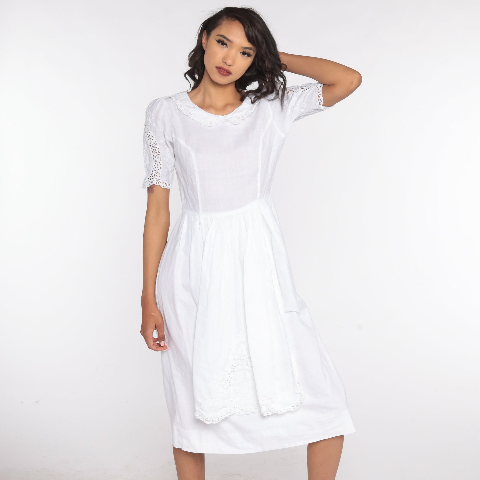 1970s White Linen Cotton Midi Dress Peter Pan Collar Puff Sleeve Small