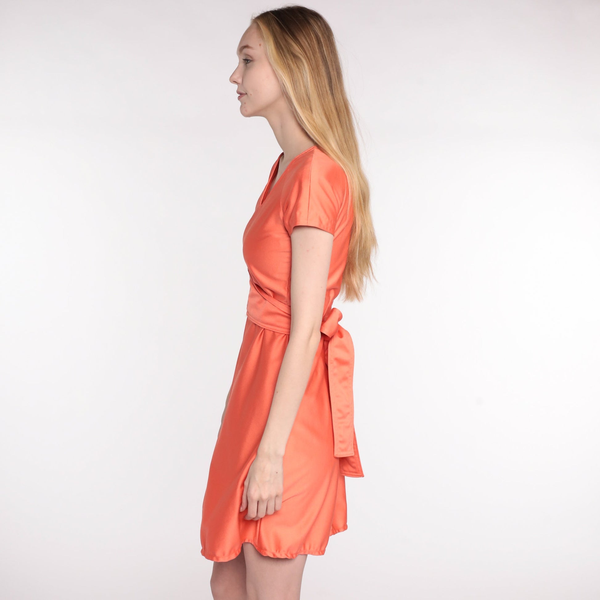 70s Orange Babydoll Mini Dress Empire Waist Deep V Neck Extra Small